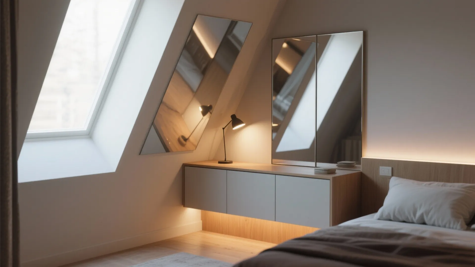 Modern bedroom with roof window mirrors a floating cabinet desk lamp and warm hidden lighting