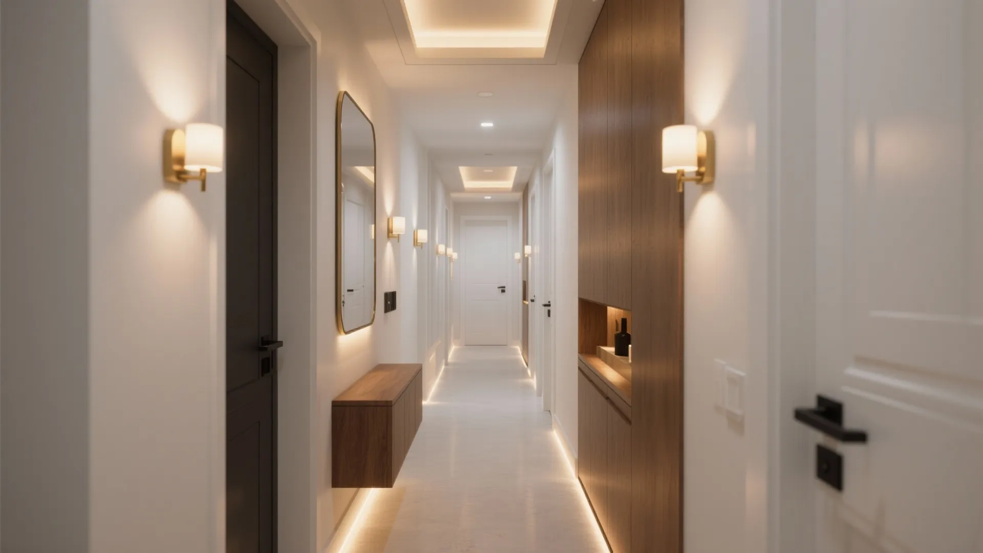 Bright white hallway with wall lights gold mirror wooden cabinet and hidden ceiling light fixture design