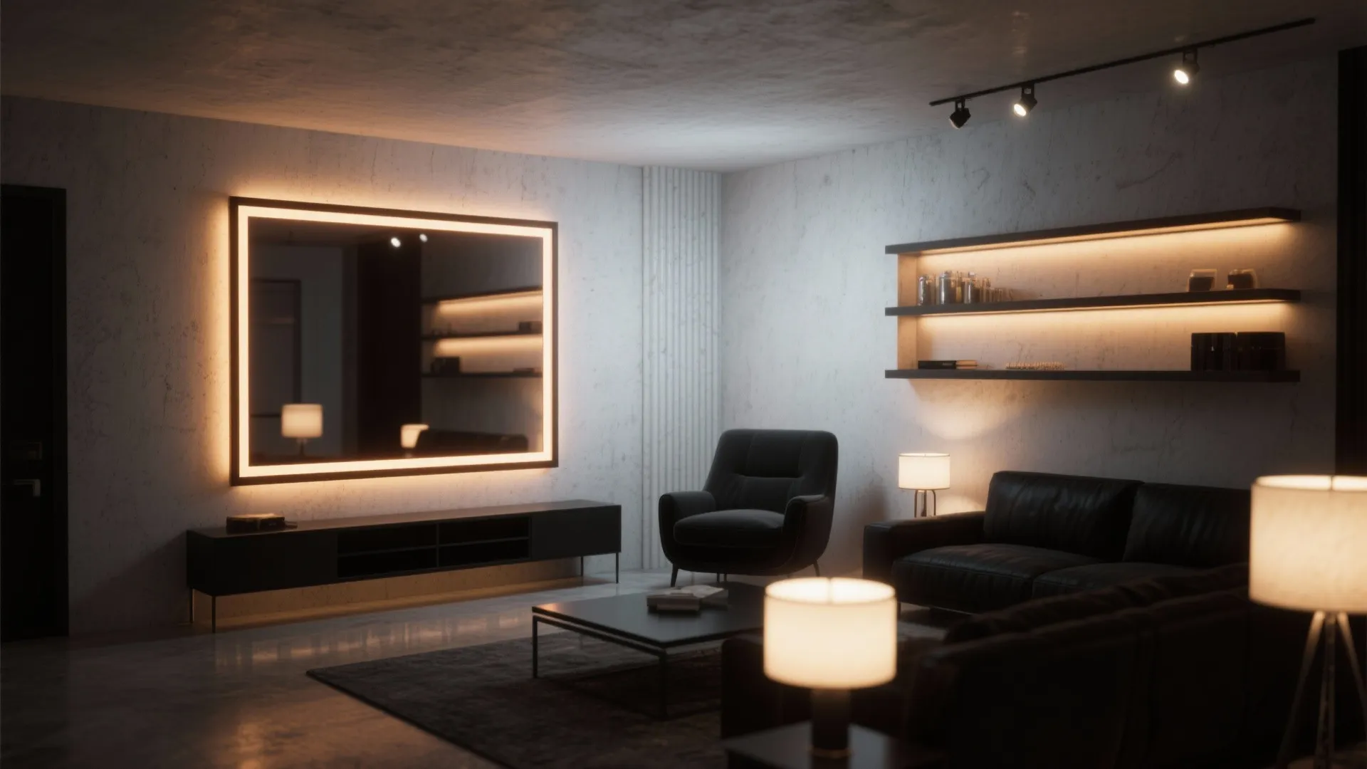 Basement living room with a slim black console, large mirror, warm LED strips, and layered lamps enhancing black furniture.