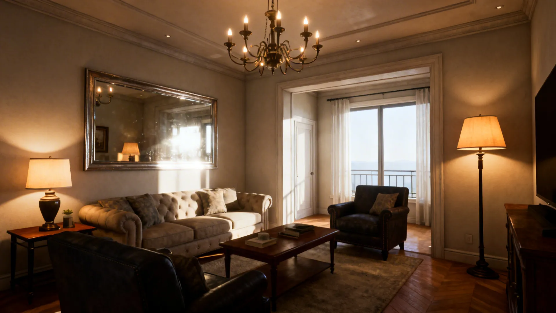 Small living room showing mirror placement and layered lighting to balance scale and reflect light.