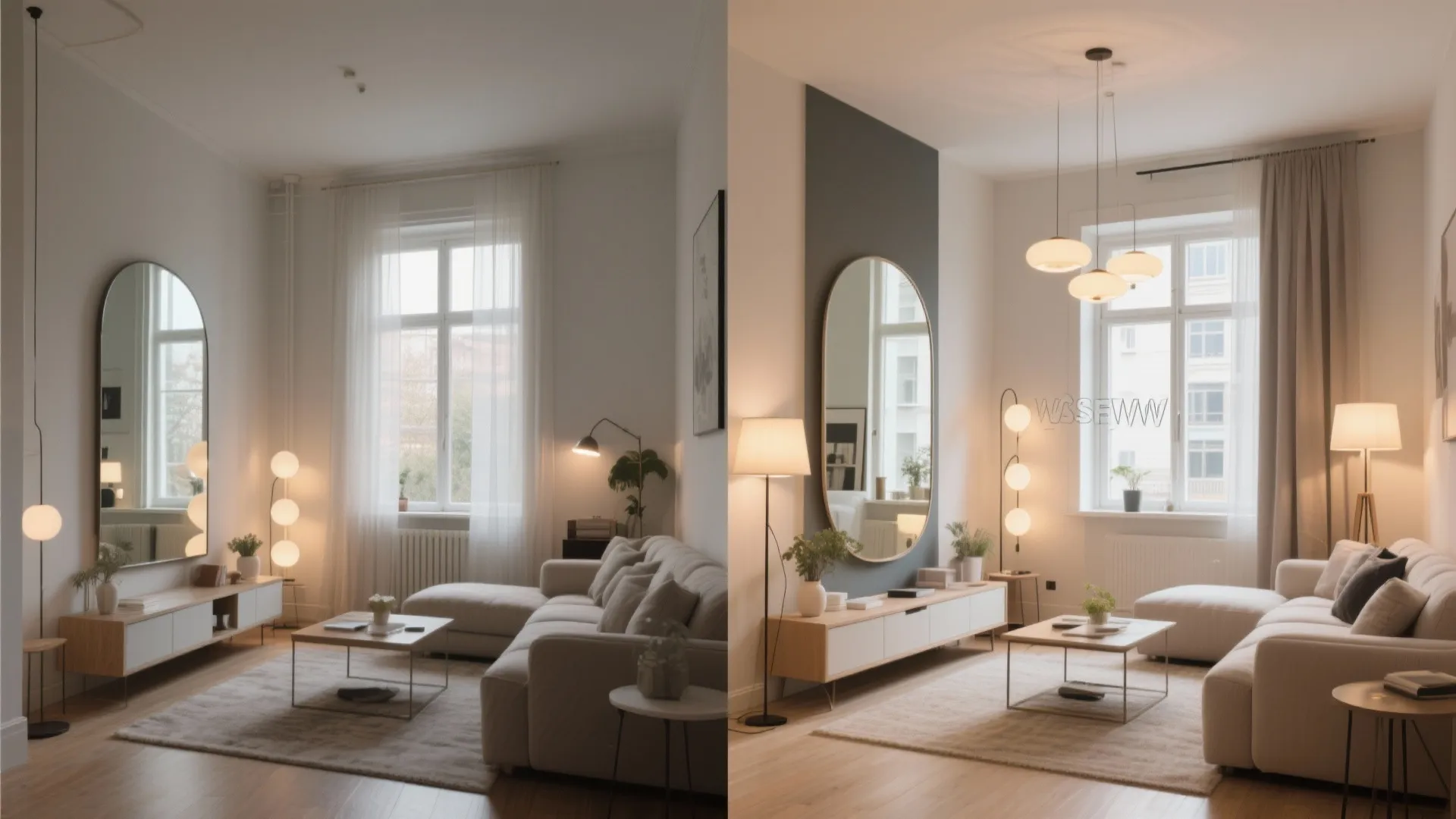 Side by side comparison of a living room showing improved lighting and new ceiling lights