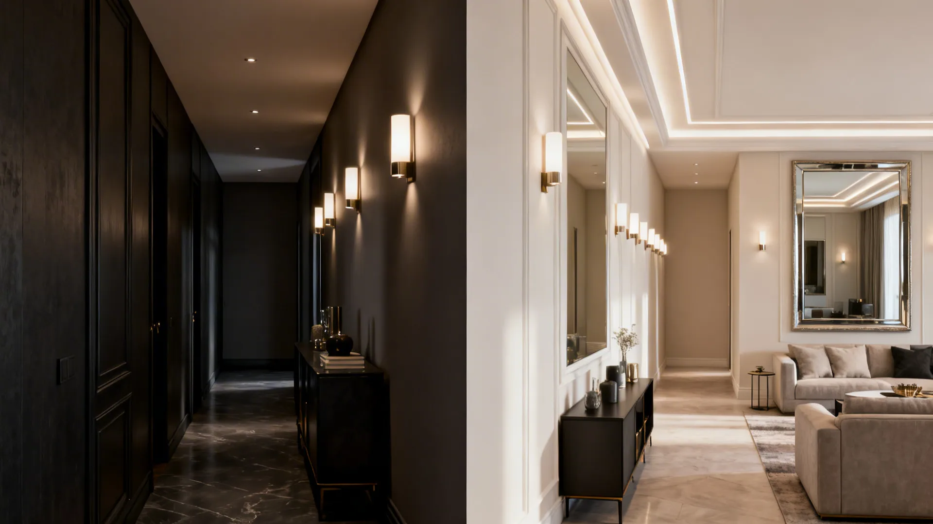 Comparison of dark and light hallway designs featuring wall lights mirrors and black storage cabinets