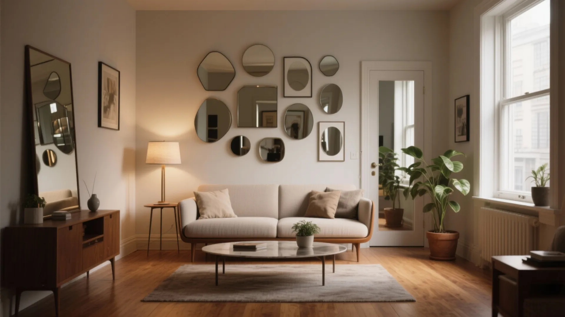 Living room with many round mirrors on wall above sofa and a round coffee table