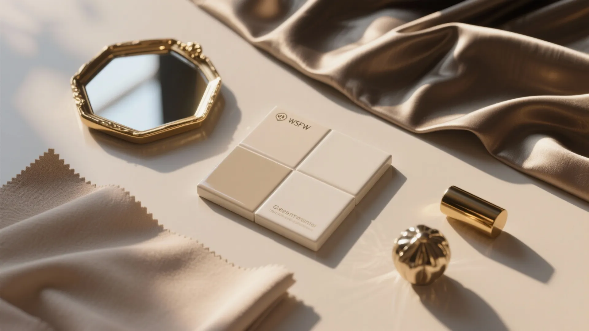 Flat lay of semi-gloss paint tile, a small mirror, and metallic accessories showing light amplification.