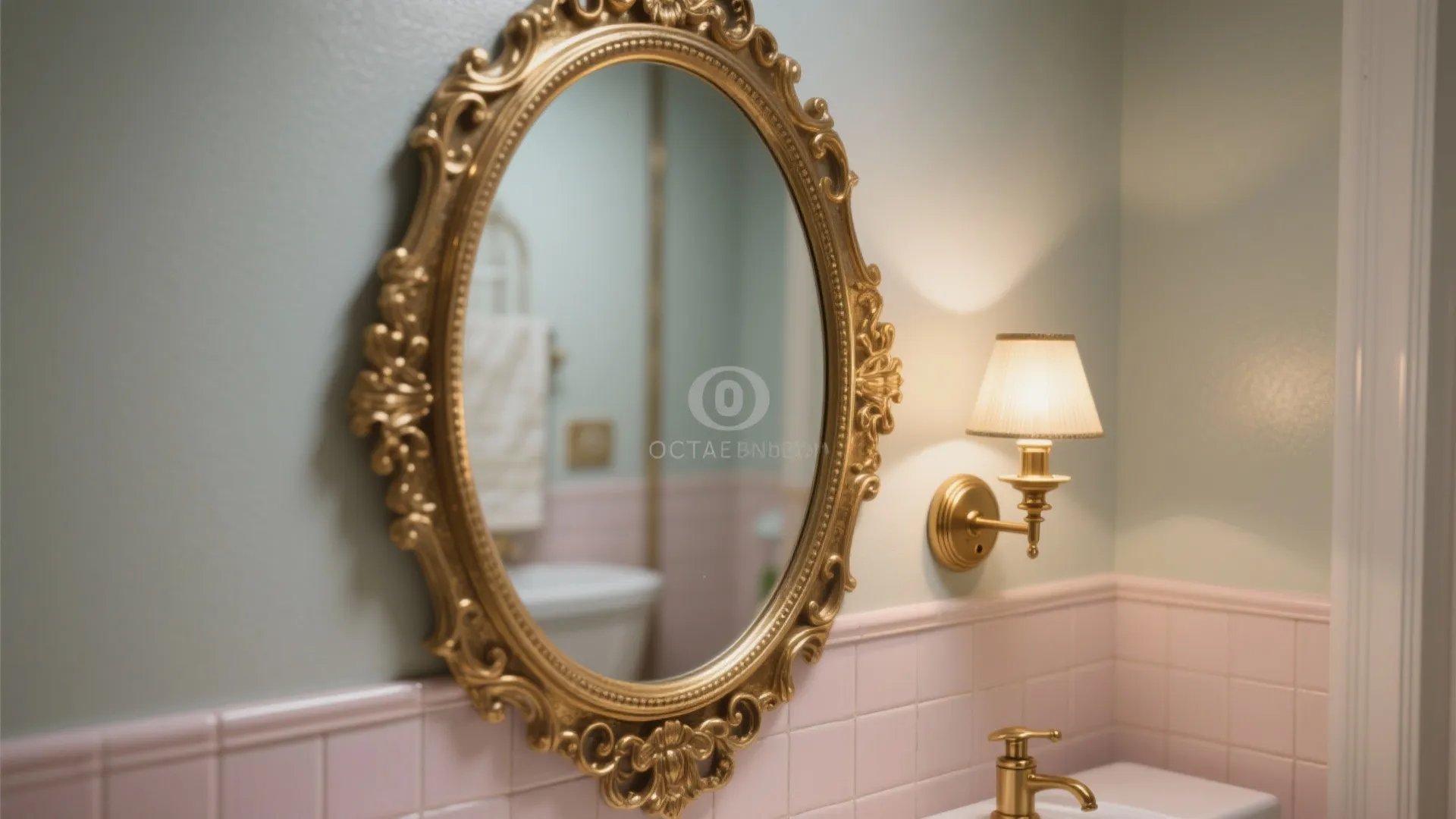 Gold oval mirror hanging on green wall above pink tiles with small warm wall light