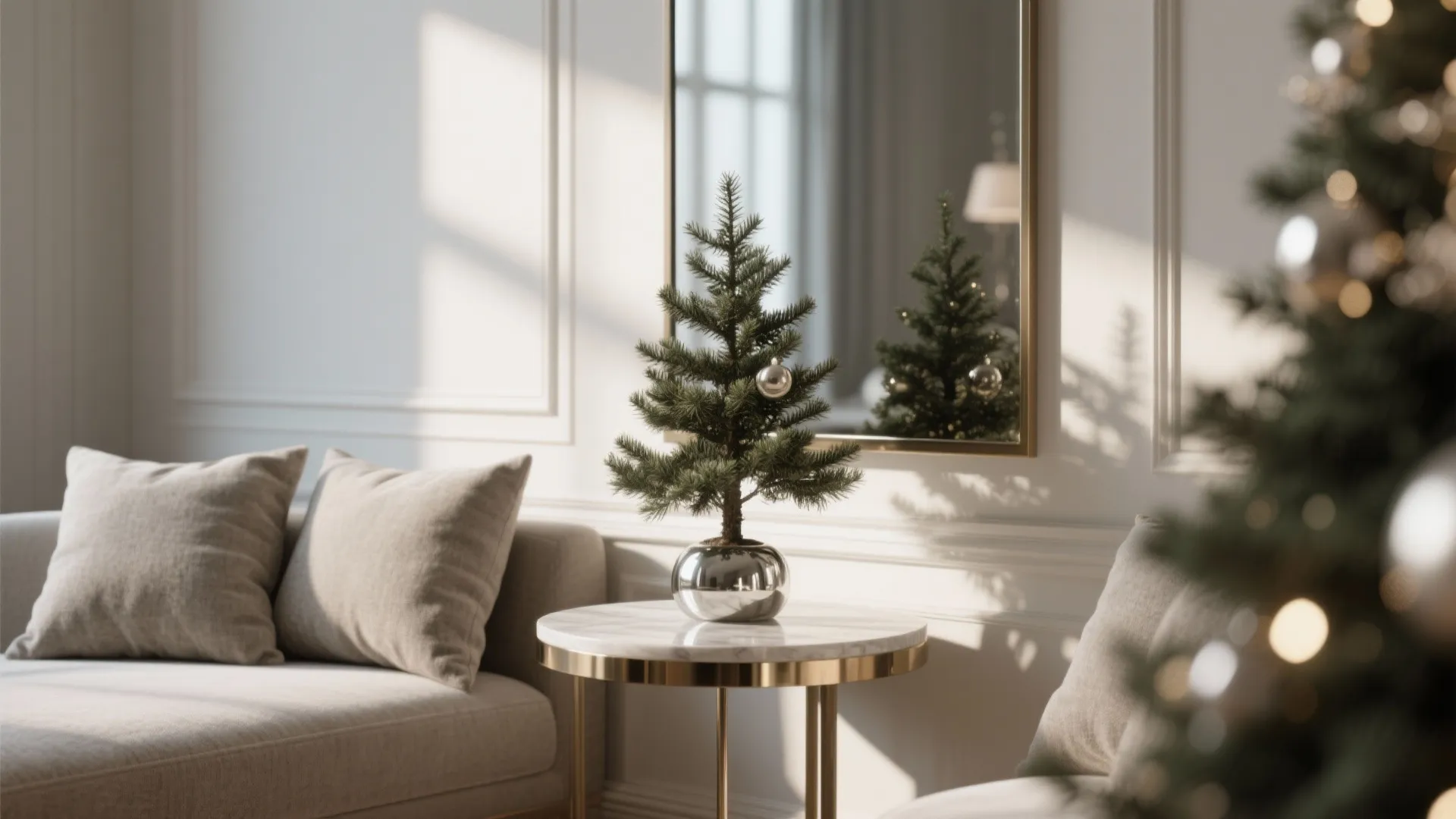 Mirror behind a small tree and metallic cushions balancing shine with matte textures in a tiny living room.