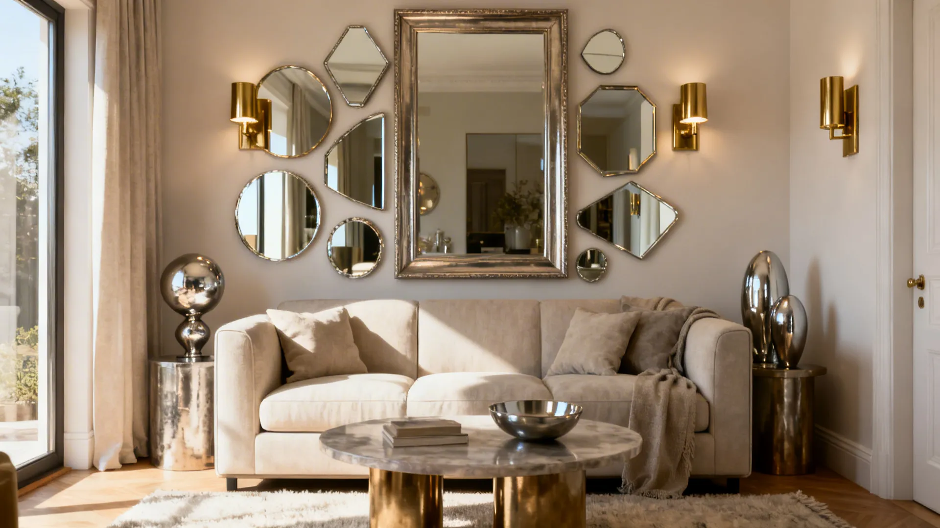 Beige sofa marble coffee table with many different shaped mirrors and two gold wall lights