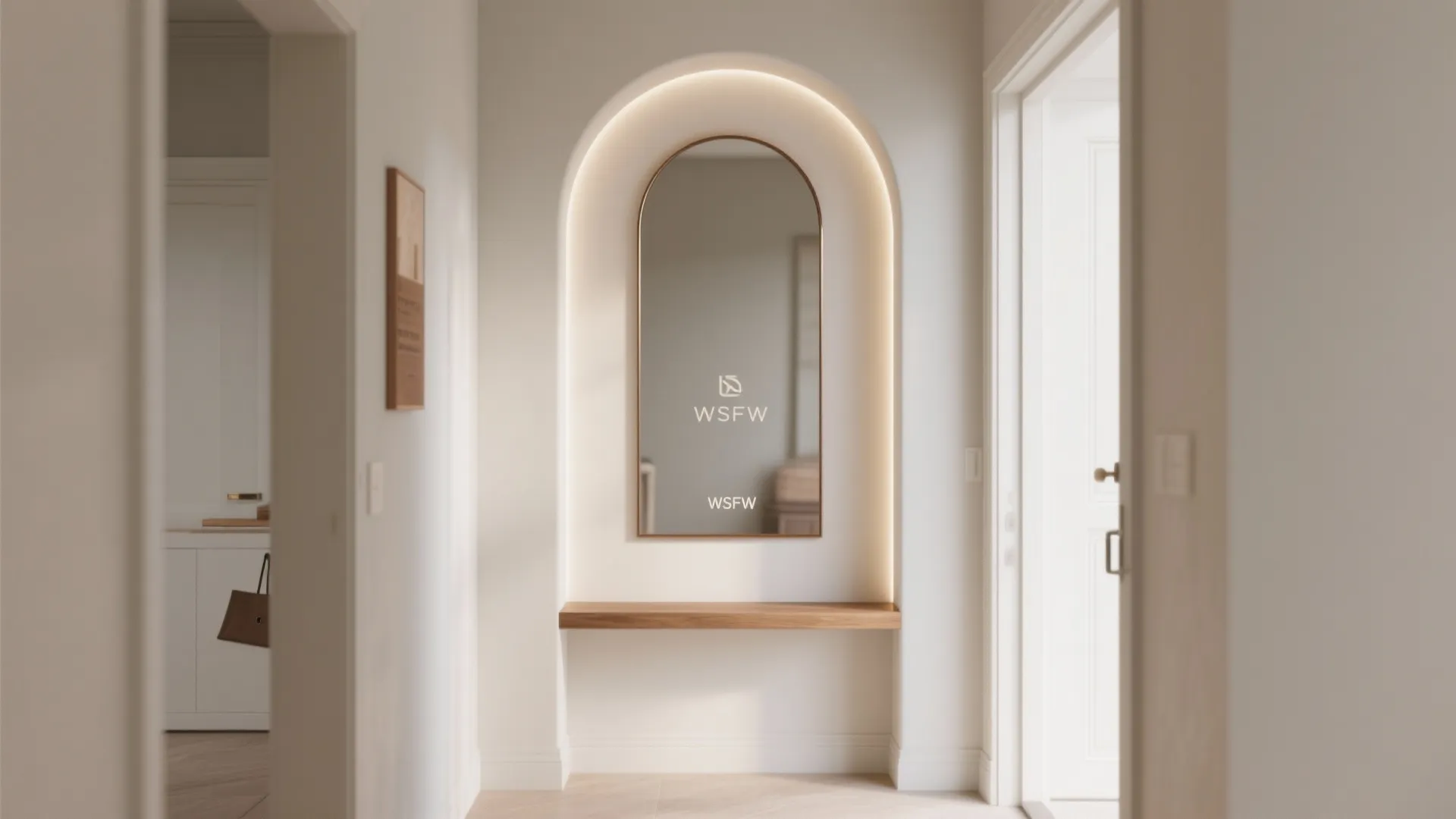 Arched wall niche with mirror, wooden shelf, and soft backlight in a bright white hallway