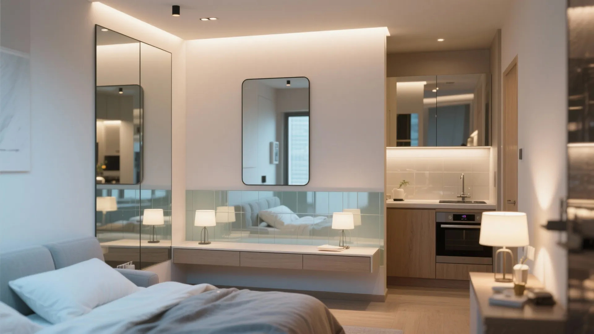 Small studio apartment featuring large wall mirrors and compact kitchen area with warm light fixtures