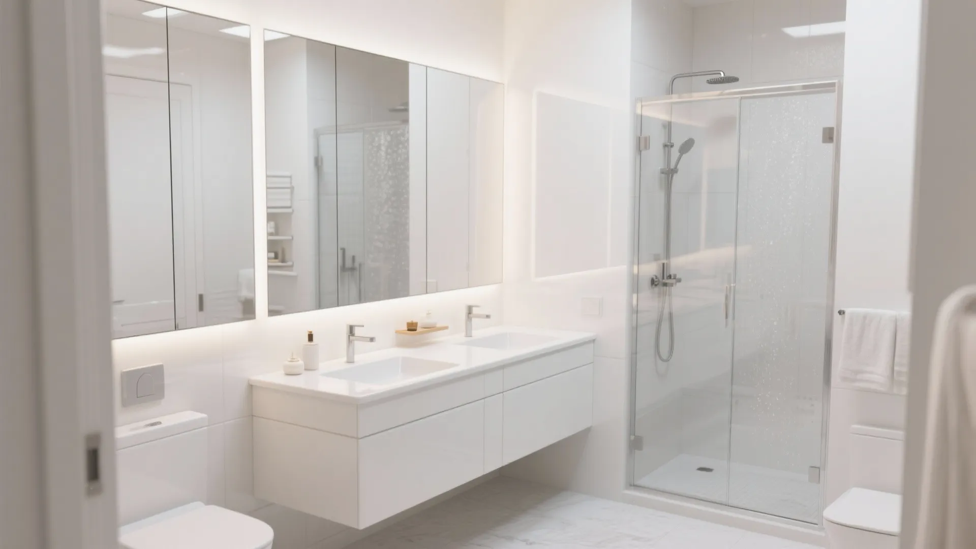 Modern white bathroom with double sinks and large mirrors showing a glass walk in shower