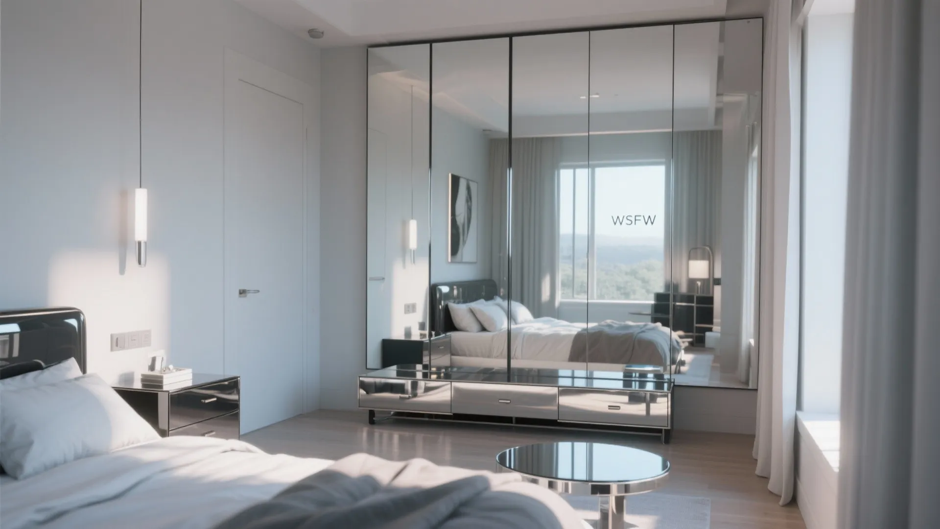 Minimalist bedroom featuring a large mirrored cabinet wall reflecting the bed and bright window light