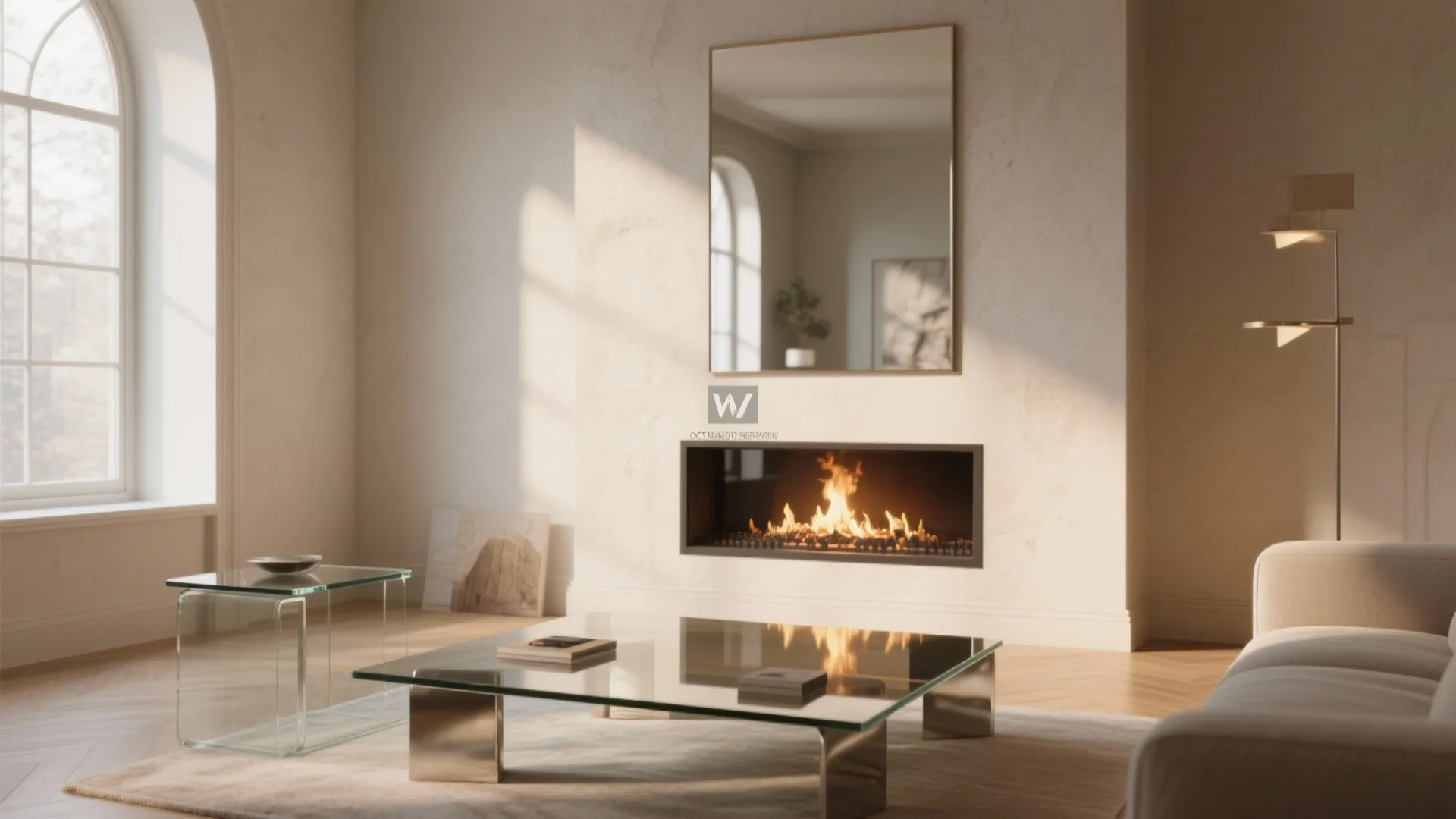 Modern living room featuring a glass coffee table fireplace large wall mirror and natural sunlight