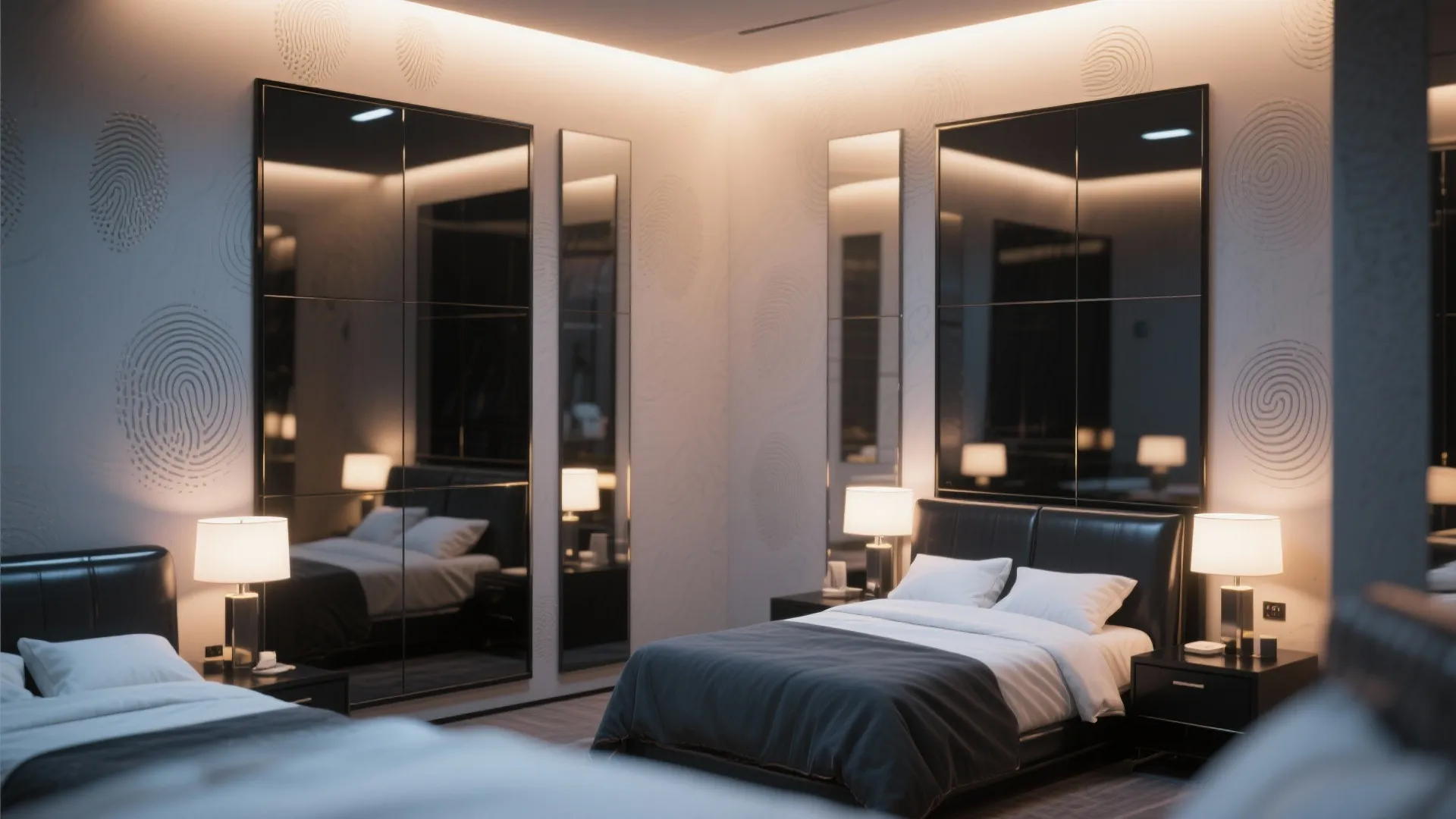 Luxury bedroom featuring large floor mirrors black leather bed white pillows and warm glowing bedside lamps