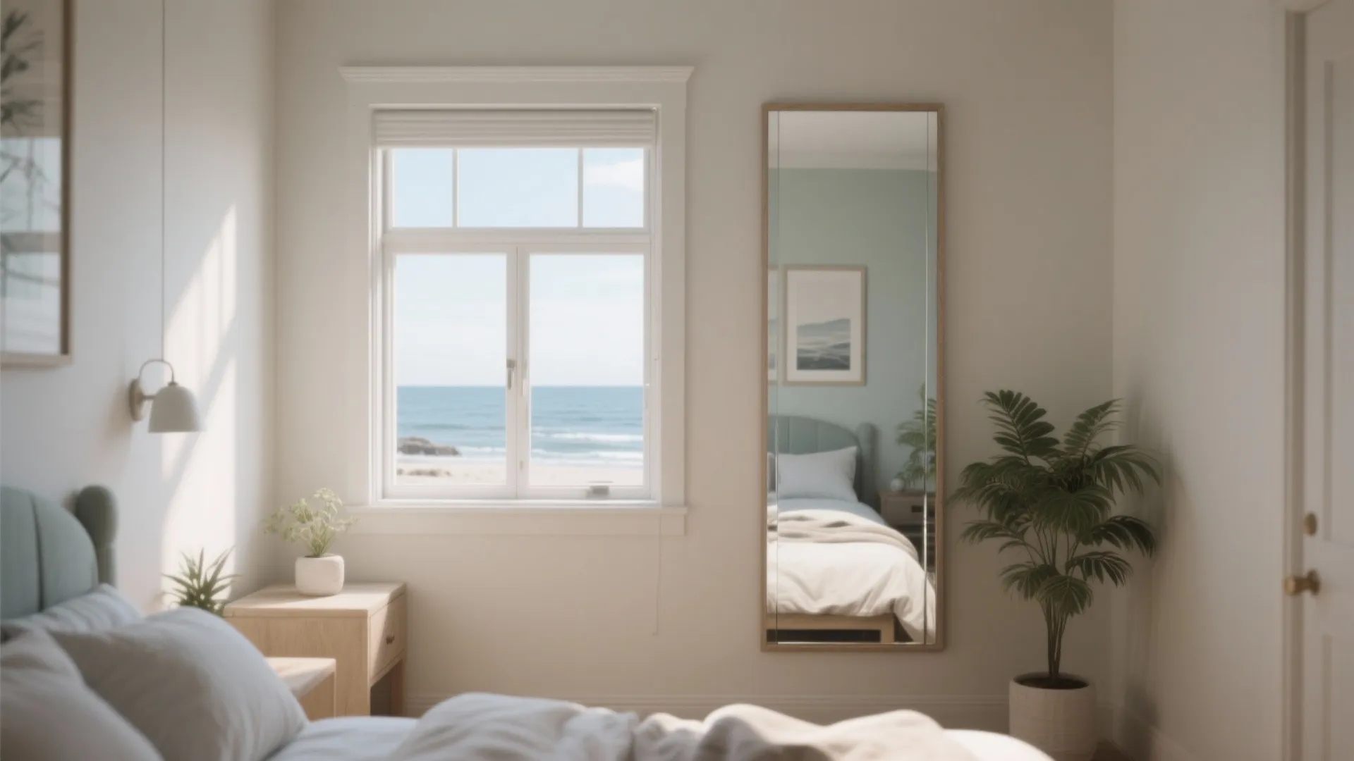 Bright bedroom with window overlooking ocean beach featuring wooden floor mirror and green potted plant
