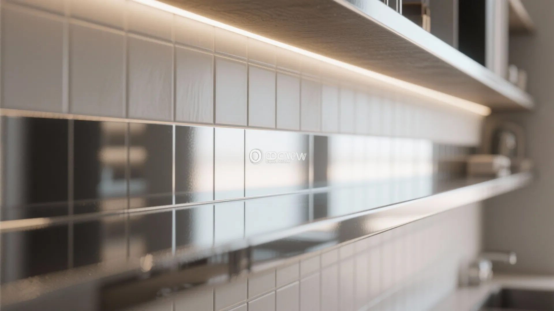 Detailed view of white kitchen wall tiles with mirrored strip and bright under shelf light fixture