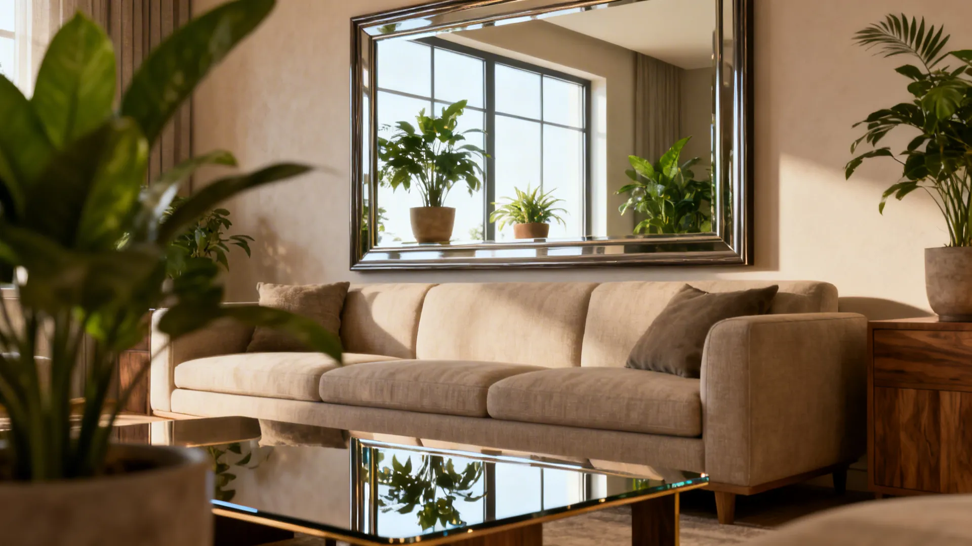 Beige sofa with a large wall mirror reflecting green plants a window and natural sunlight