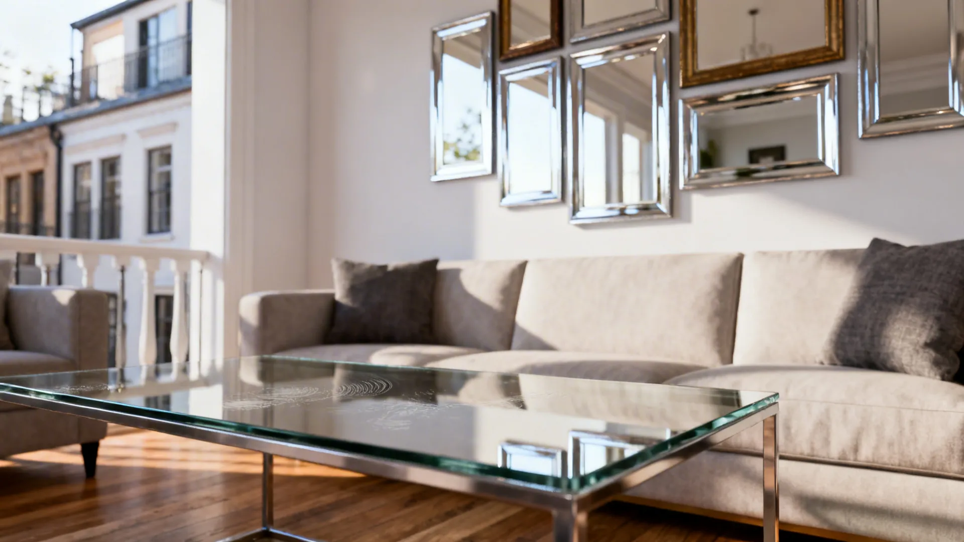Gallery of mixed-frame mirrors and a glass coffee table reflecting light to increase perceived space.