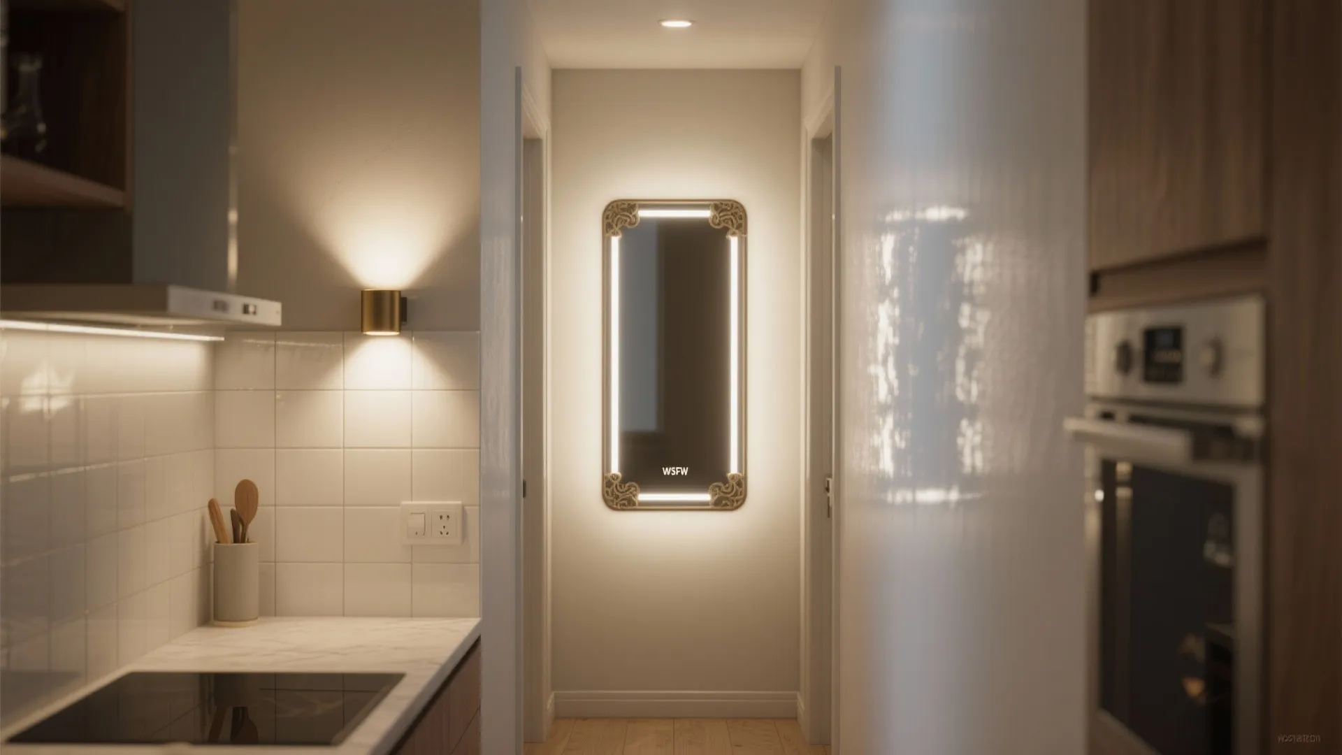 Wall sconce opposite a glossy backsplash and mirror amplifying light in a narrow kitchen.