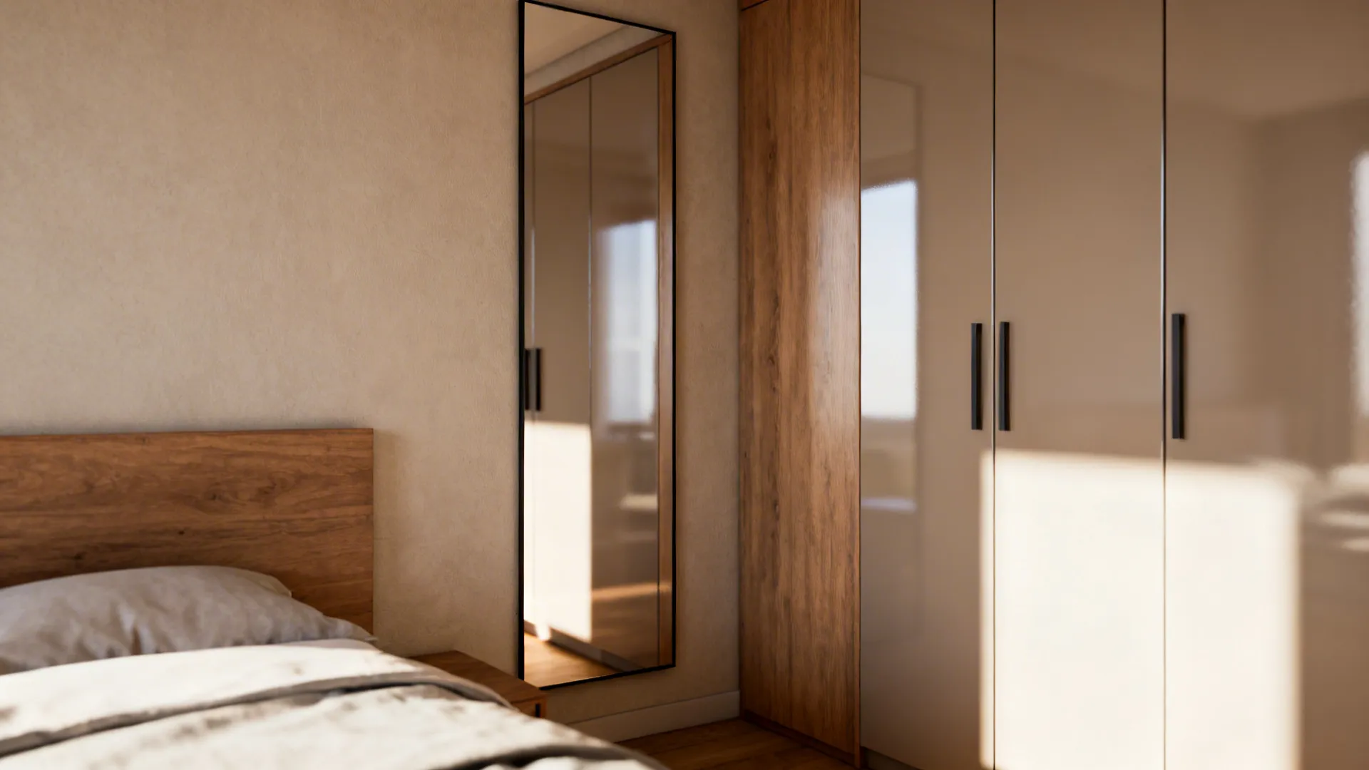 Narrow mirrored panel beside a wardrobe and glossy cabinet fronts in a small bedroom reflecting light to enlarge perception.
