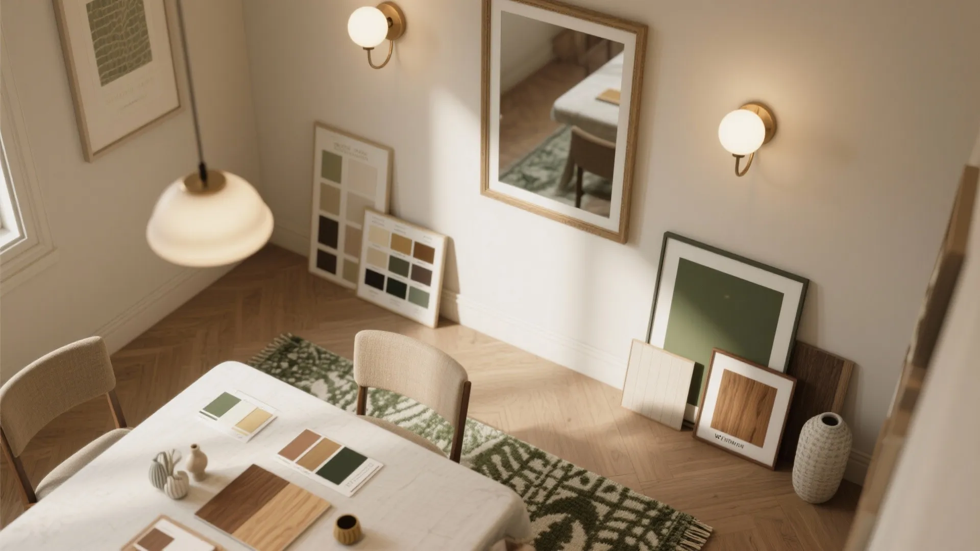 Top view of interior design mood board with color samples mirror rug and wall light