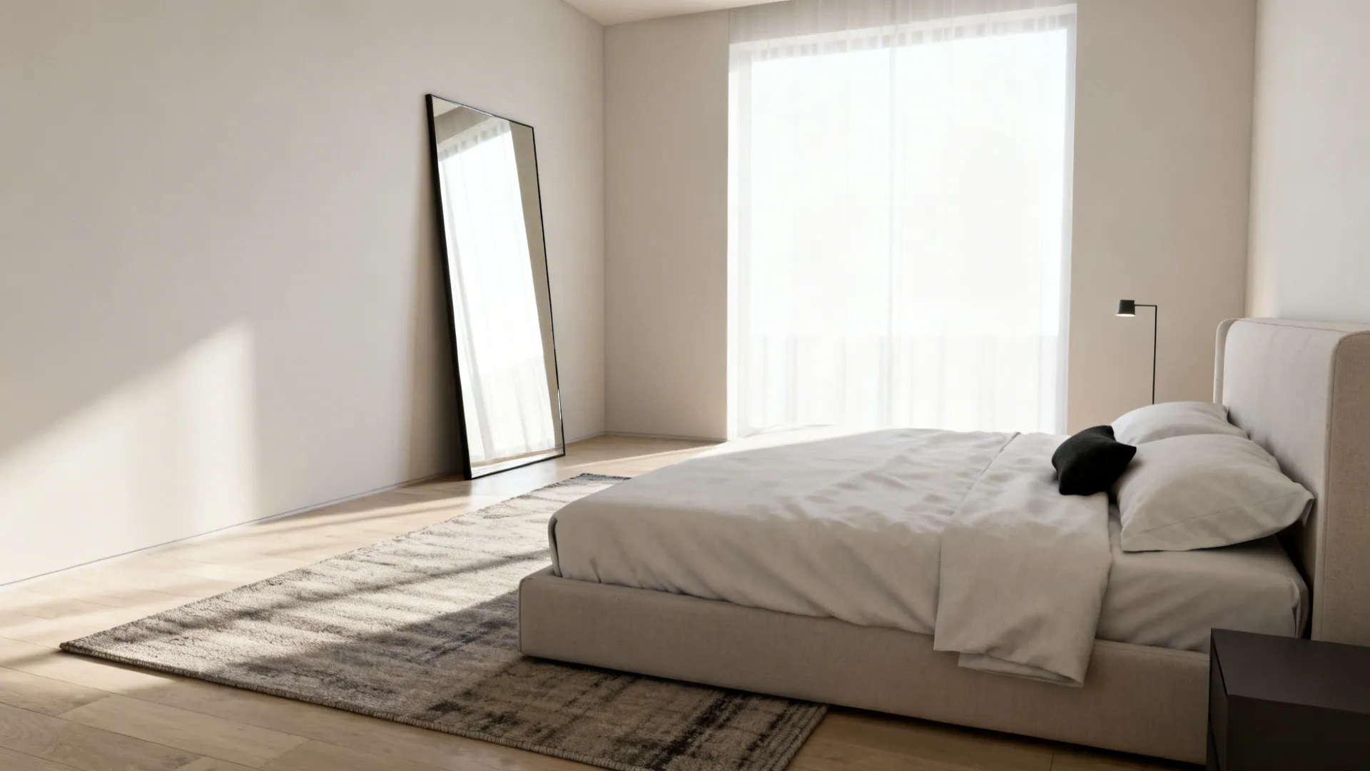 Small bedroom using a large mirror, runner rug, and neutral colors to create a sense of depth.