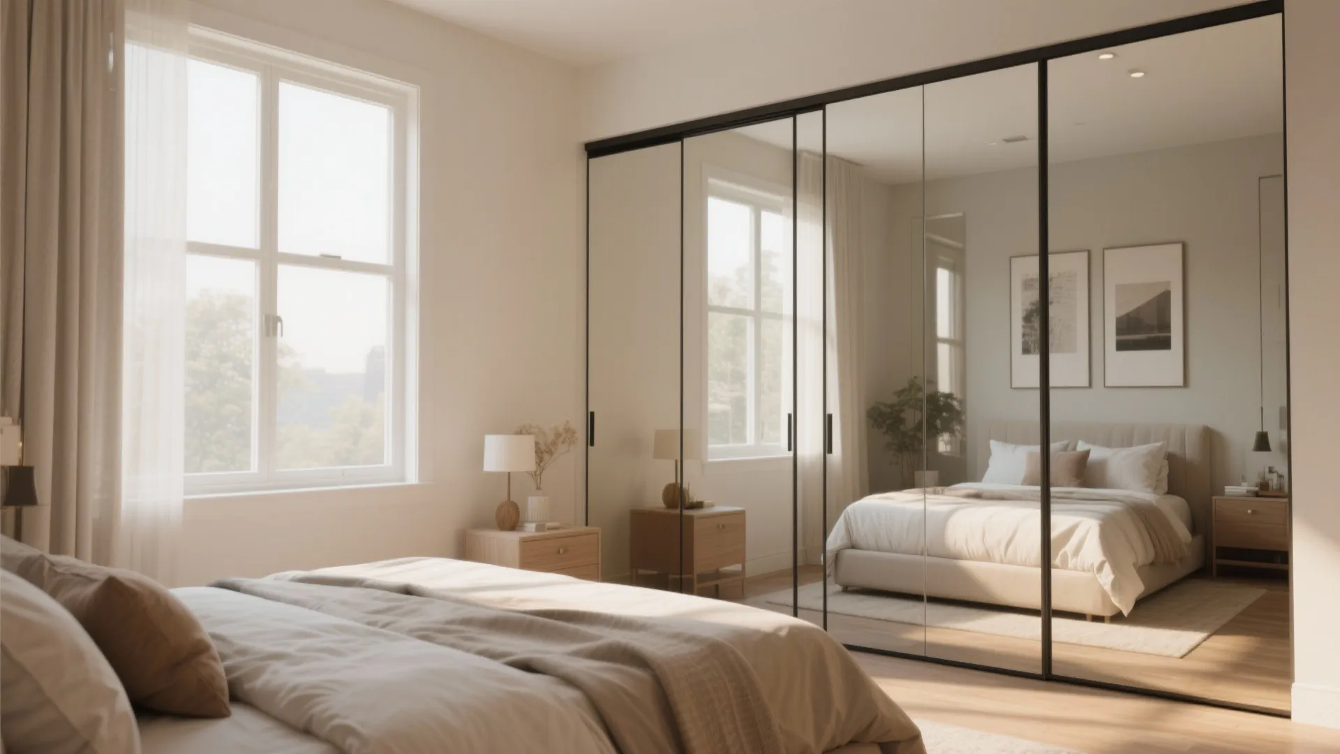 Bedroom with large mirrored sliding cabinet doors reflecting bed next to window with natural light