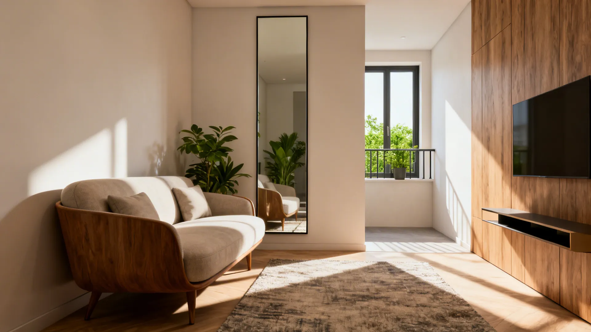 Modern living room with beige sofa tall floor mirror green plant wood wall and television