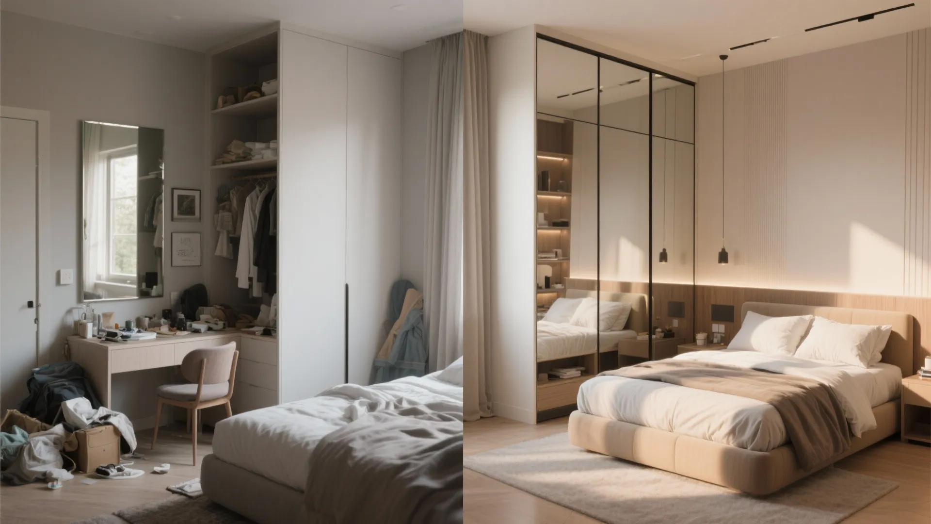 Before-and-after of a small bedroom showing the impact of mirrored doors and hidden storage on brightness and depth.