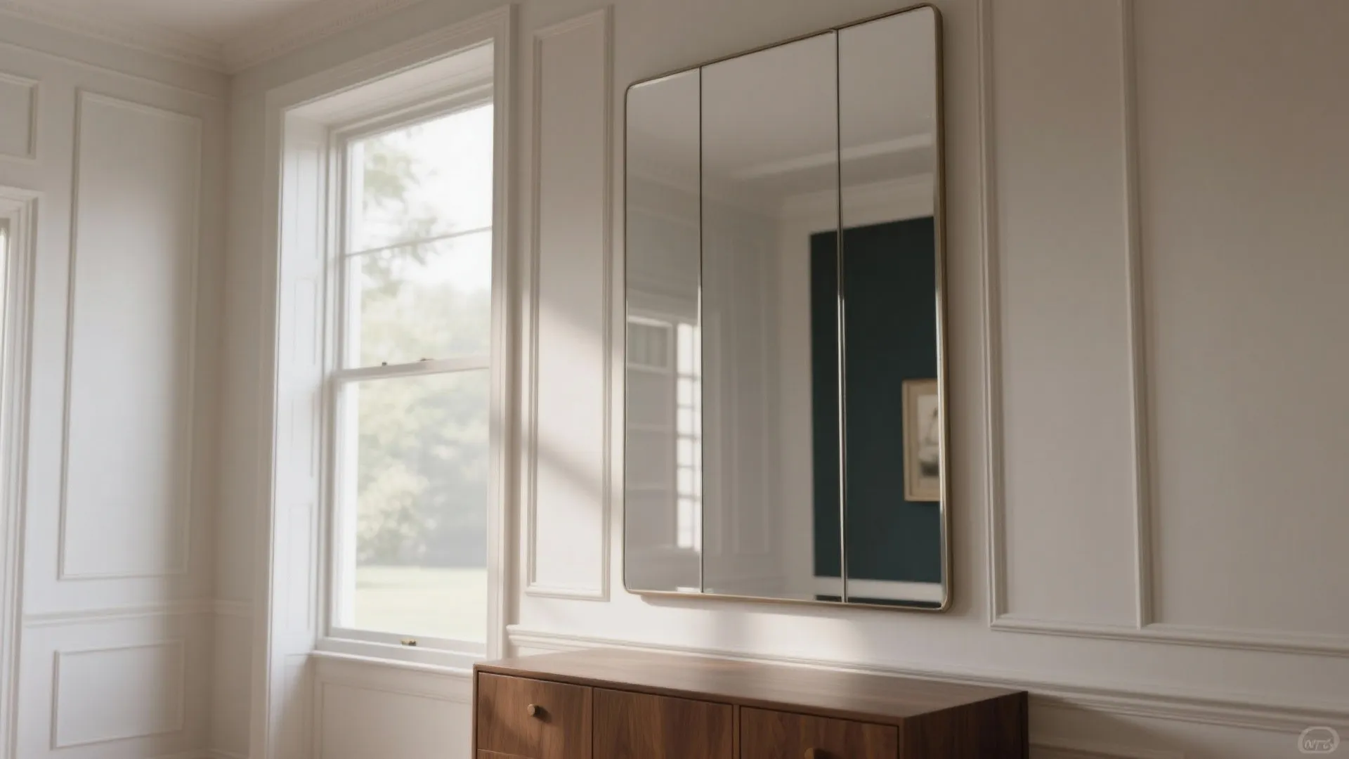 Large rectangular wall mirror above wooden cabinet in room with white wall panel and window