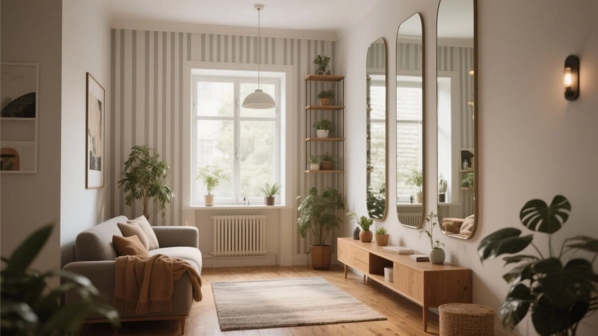 Small living room interior with three vertical mirrors hanging above a wooden cabinet and plants