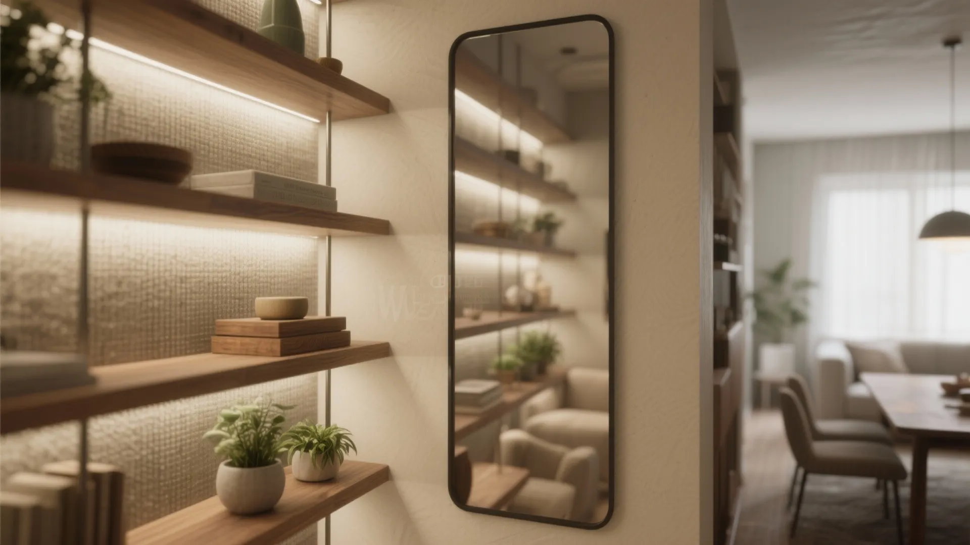 Modern full length mirror hanging on wall next to lit wooden shelves with small plants
