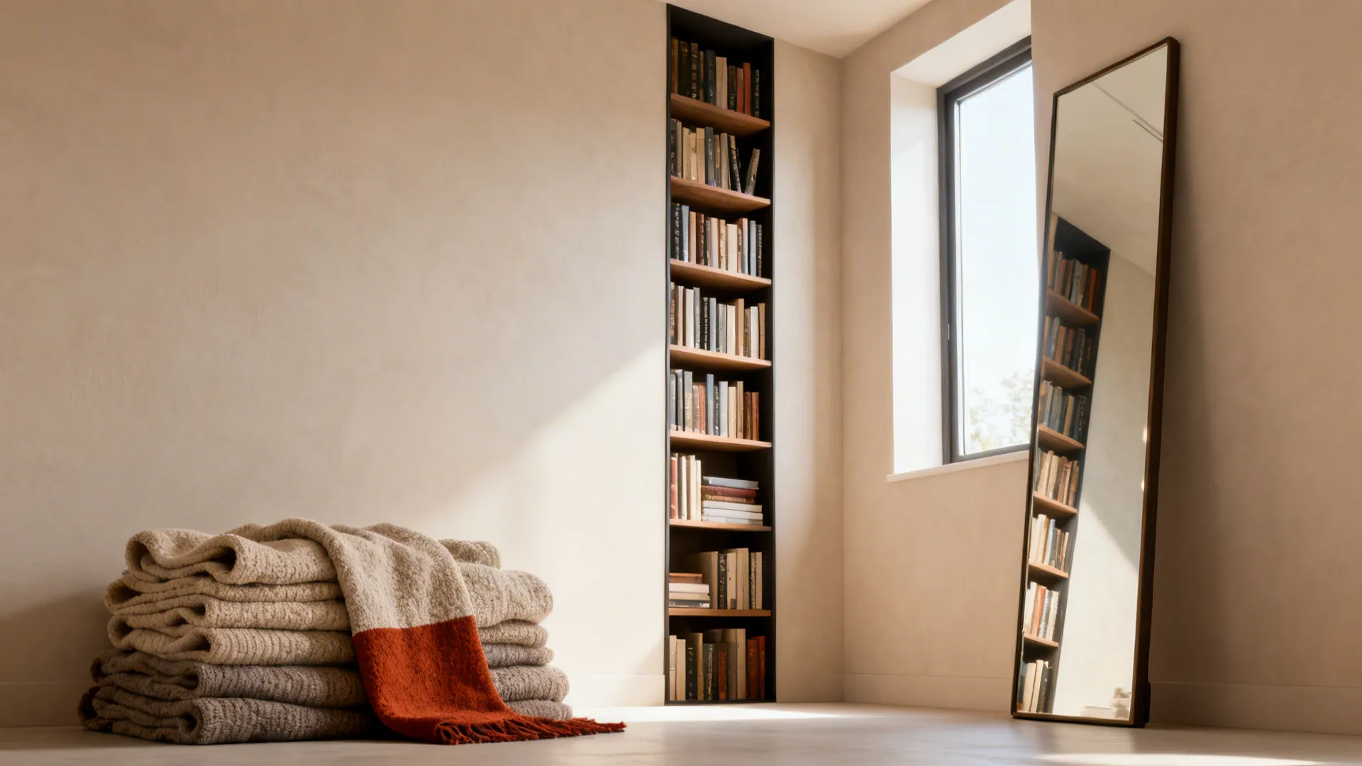 Tall mirror reflecting window light and a vertical bookshelf to lift ceiling height perception