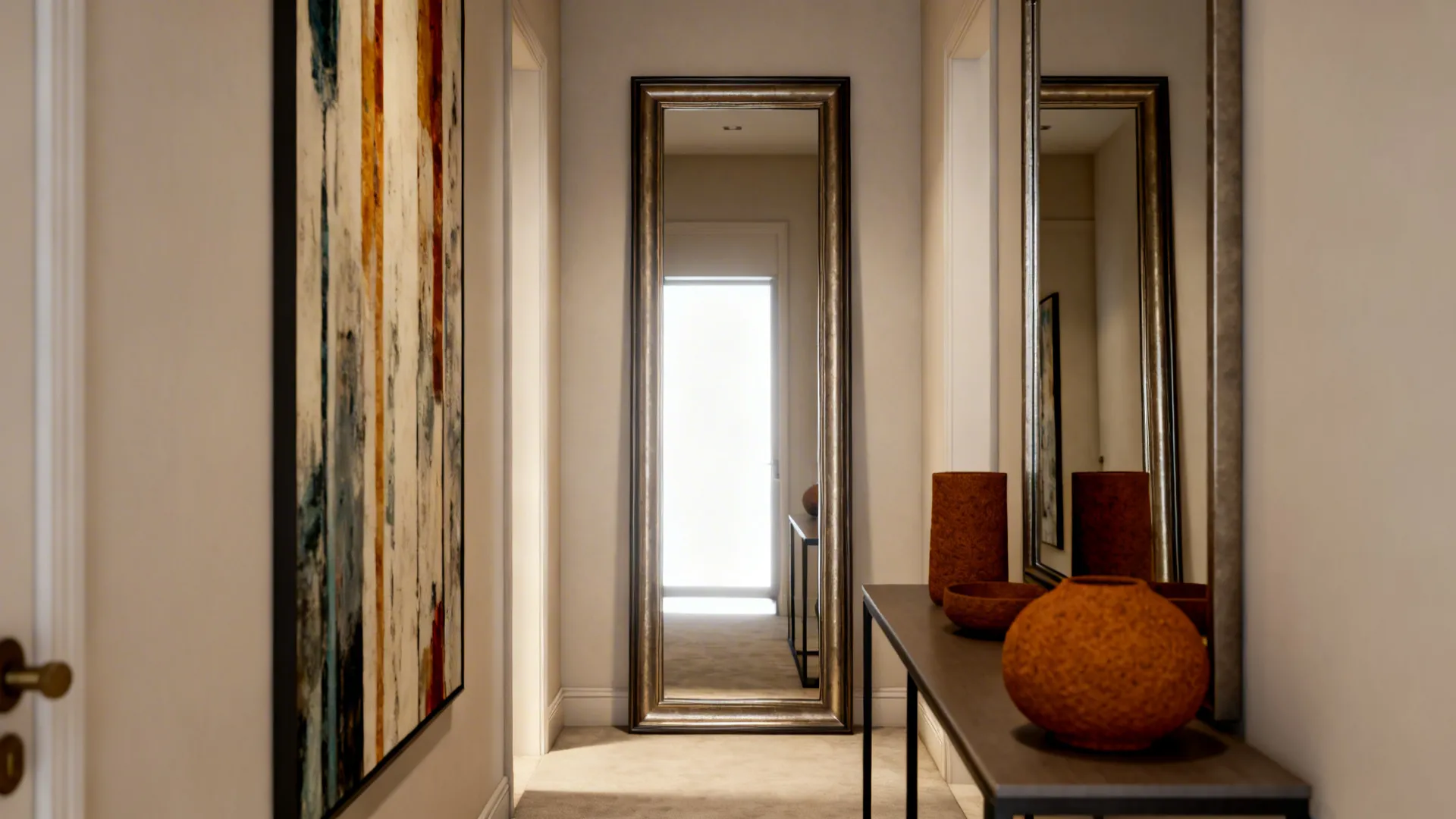 Floor-to-ceiling mirror and vertical artwork creating depth in a long narrow room