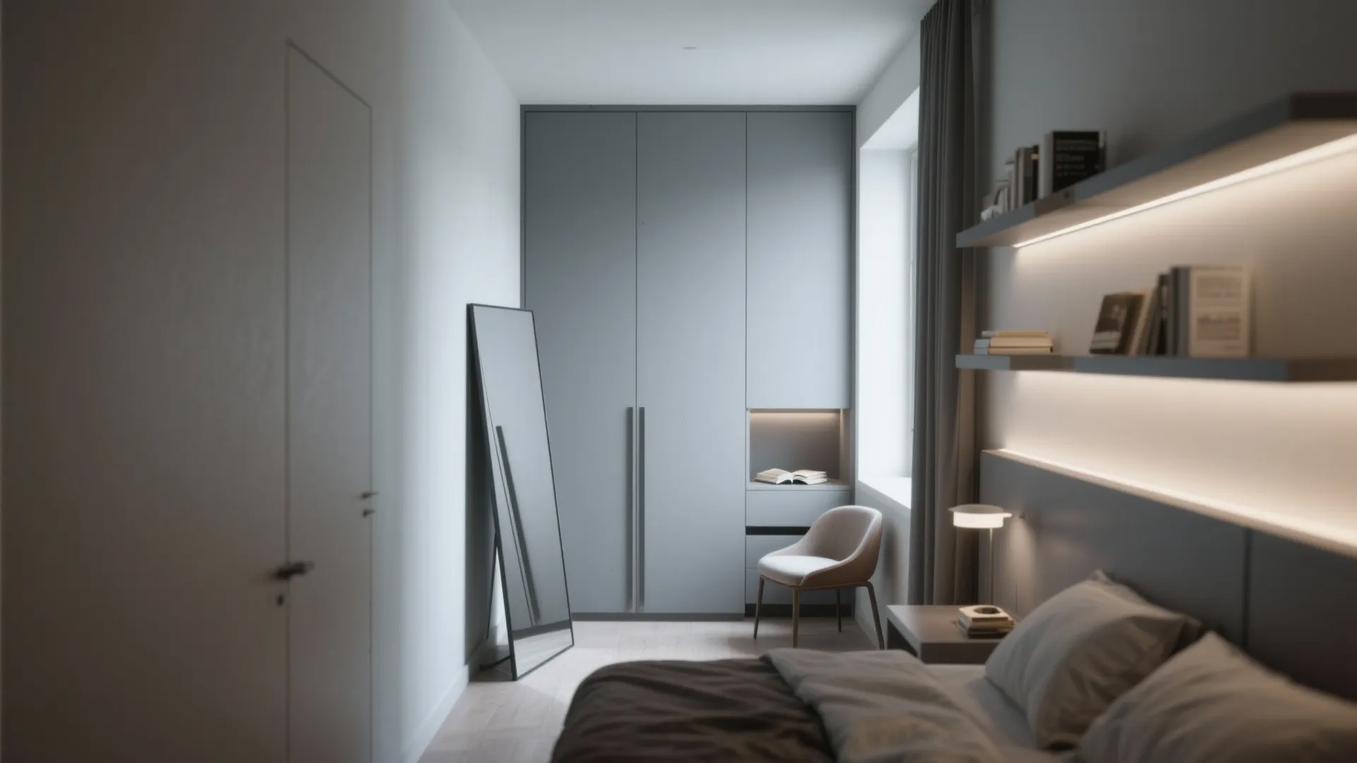 Narrow bedroom with tall mirror, floating shelves, and a slim gray wardrobe to expand the space visually