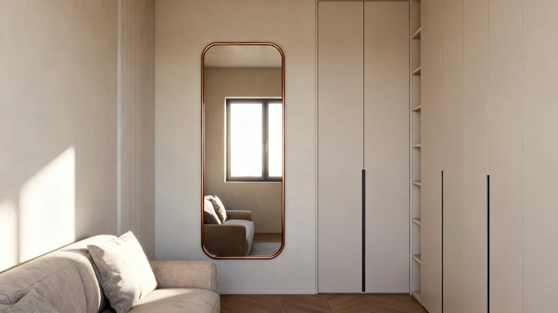 Statement mirror opposite a window and tall narrow cabinets add depth in a small living room.