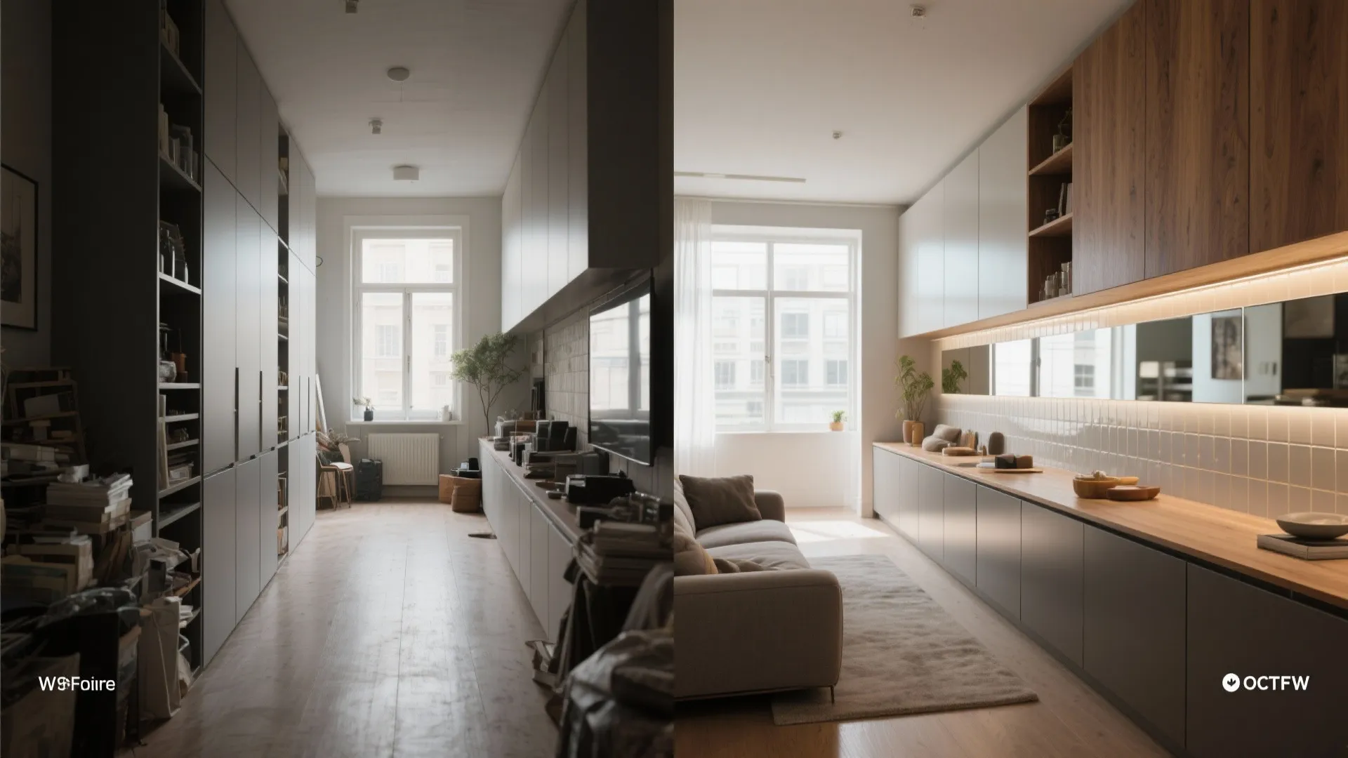 Before and after comparison showing a narrow hallway transformed into a bright modern living area