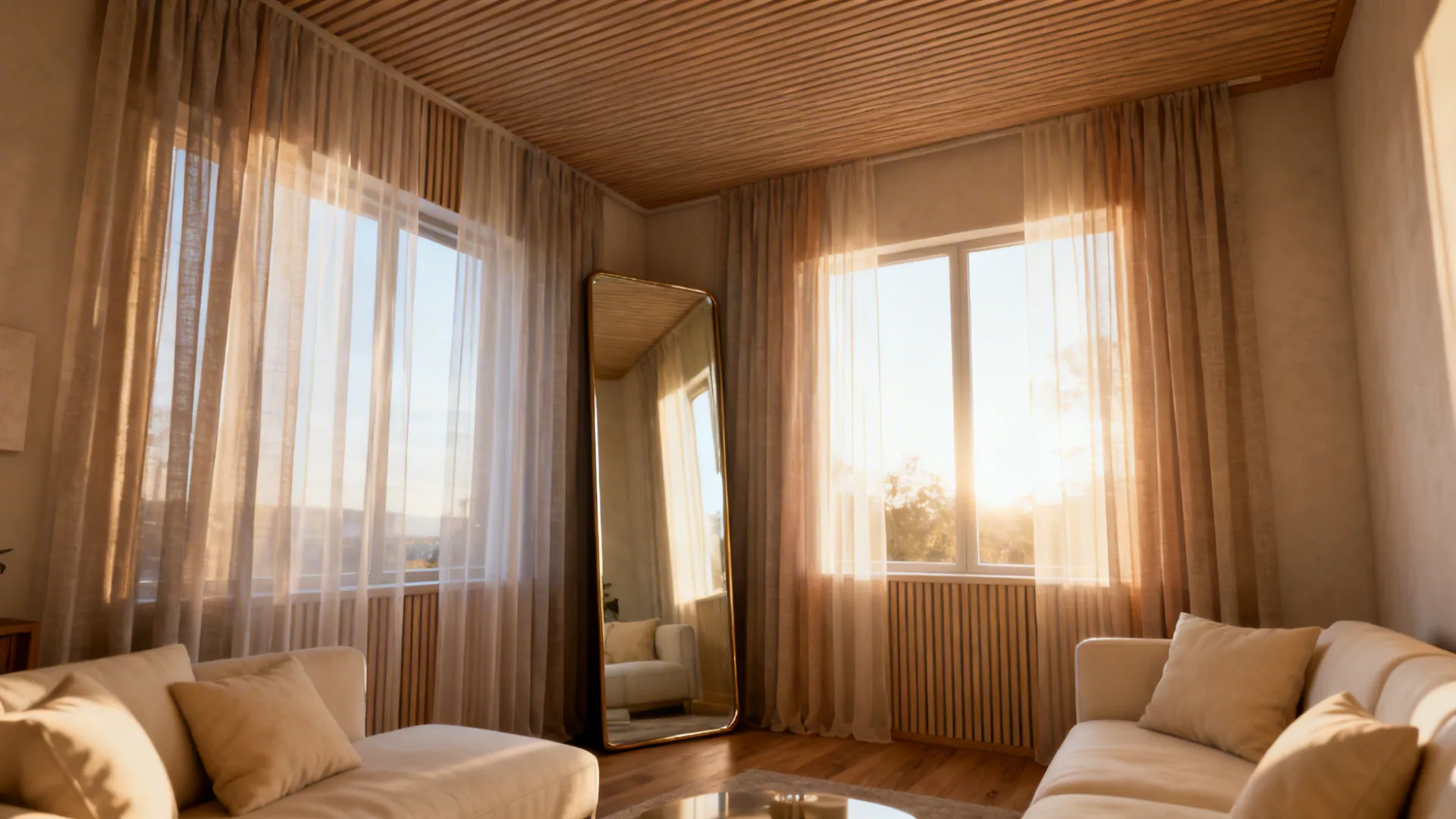 Mirror opposite window with sheer curtains creating reflected light and higher perceived ceiling