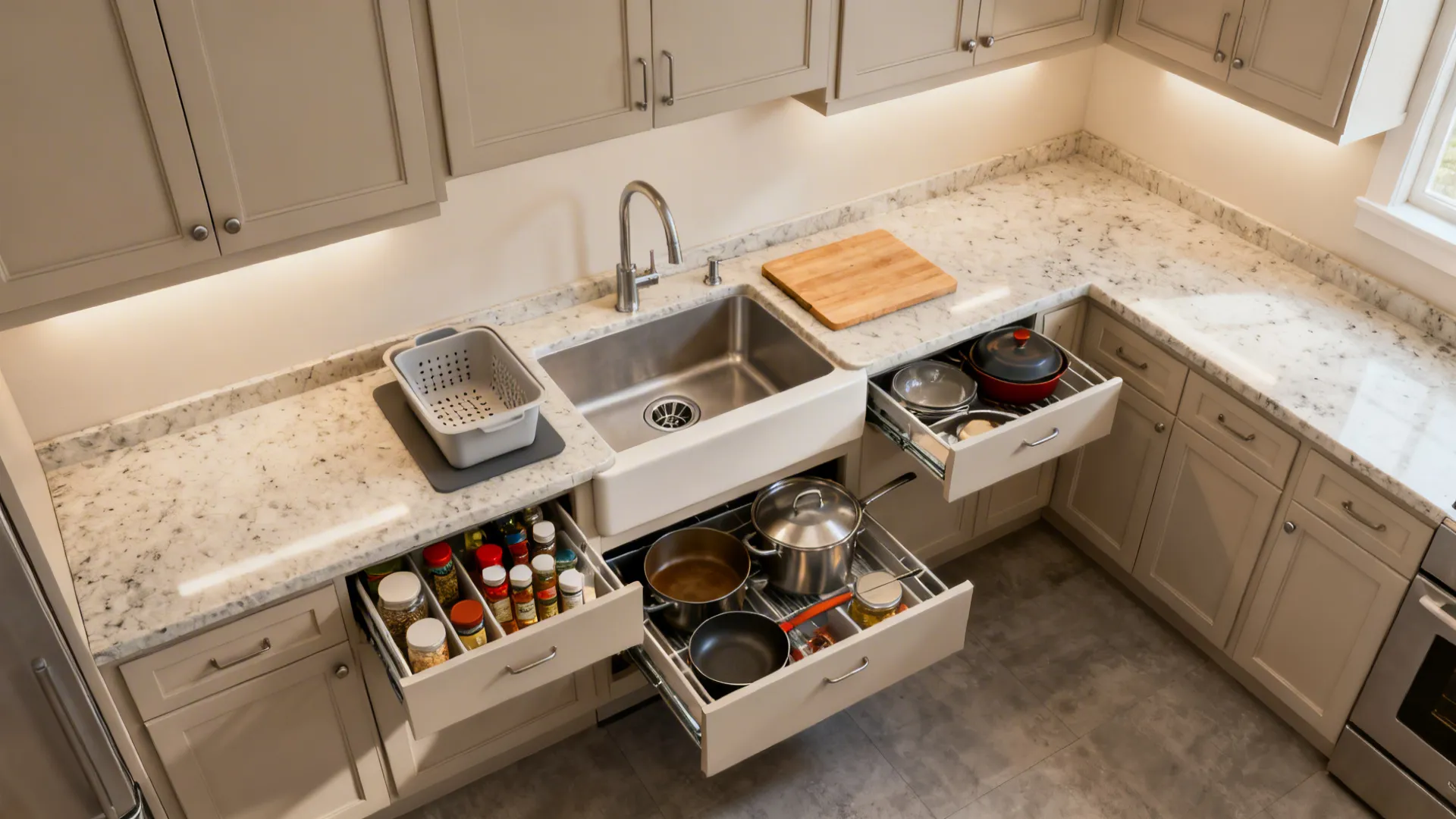 Workstation sink with ledge accessories and organized full-extension drawers in a compact kitchen.