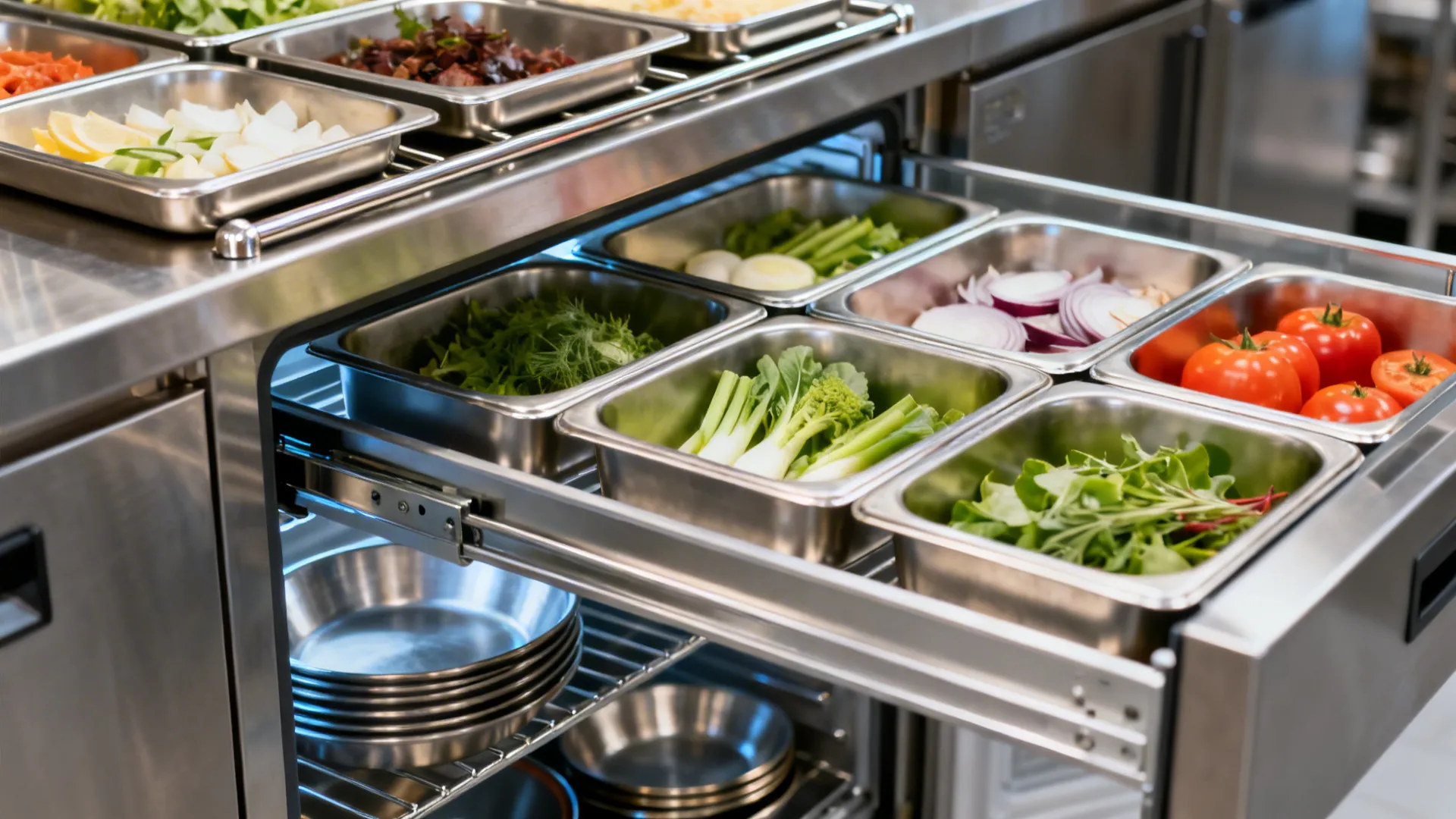 Close-up of GN pans and open drawer refrigeration at a compact mise station.