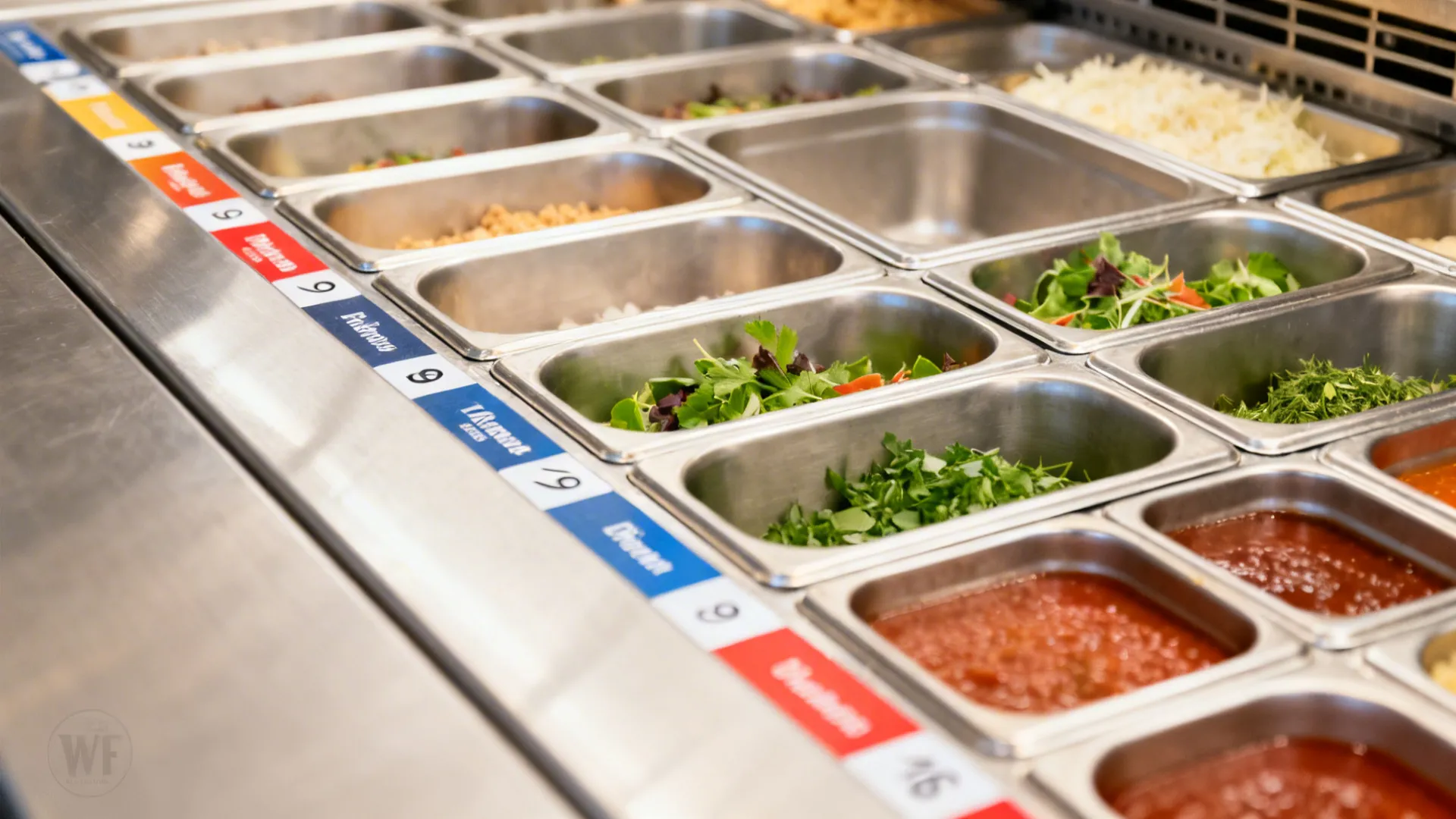 Close-up of stainless steel food containers filled with fresh salad greens and various red sauces