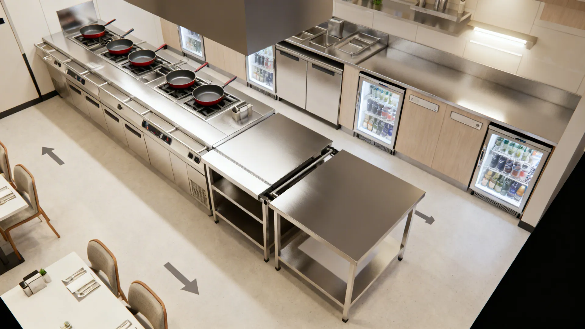 Interior design drawing of commercial kitchen with cooking stoves prep tables refrigerators and floor arrows