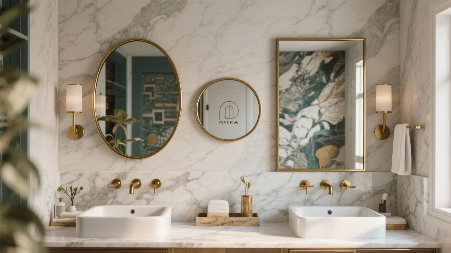 Marble bathroom with two white sinks gold faucets three different shaped mirrors and wall lights