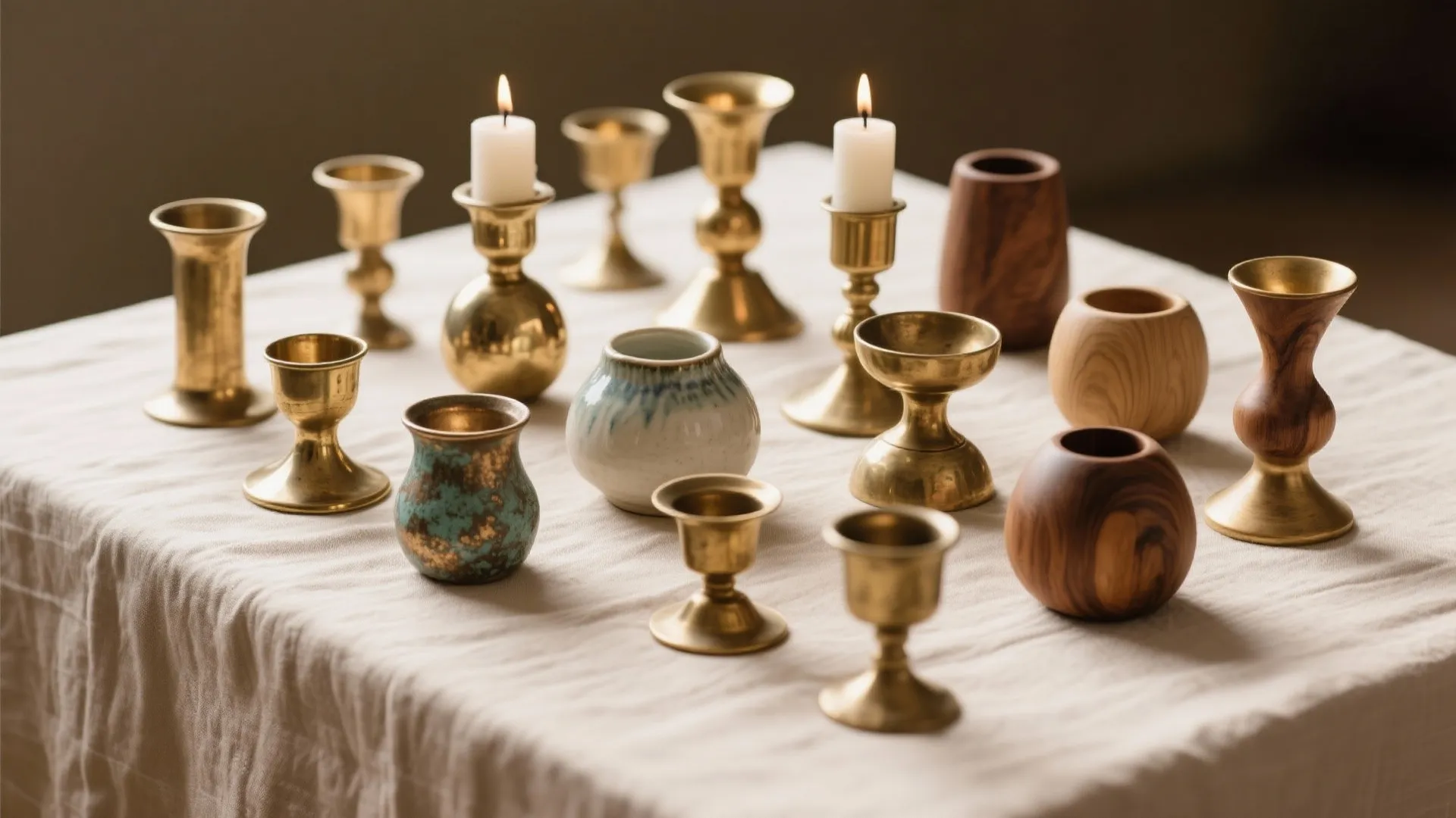 Various gold and wooden candle holders with two lit white candles on a white tablecloth