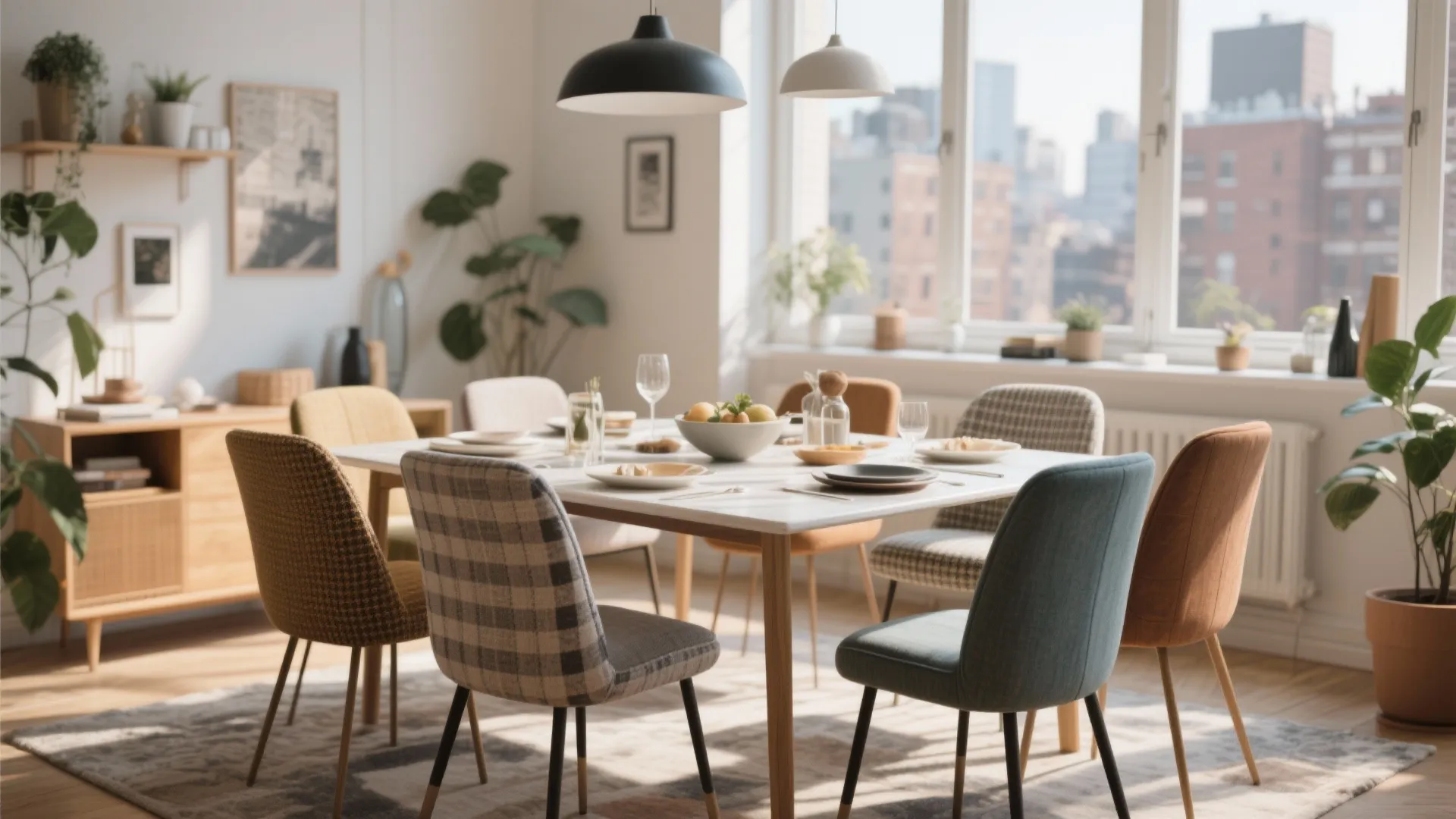 Modern dining area with mismatched colorful chairs white table ceiling lights and large city window