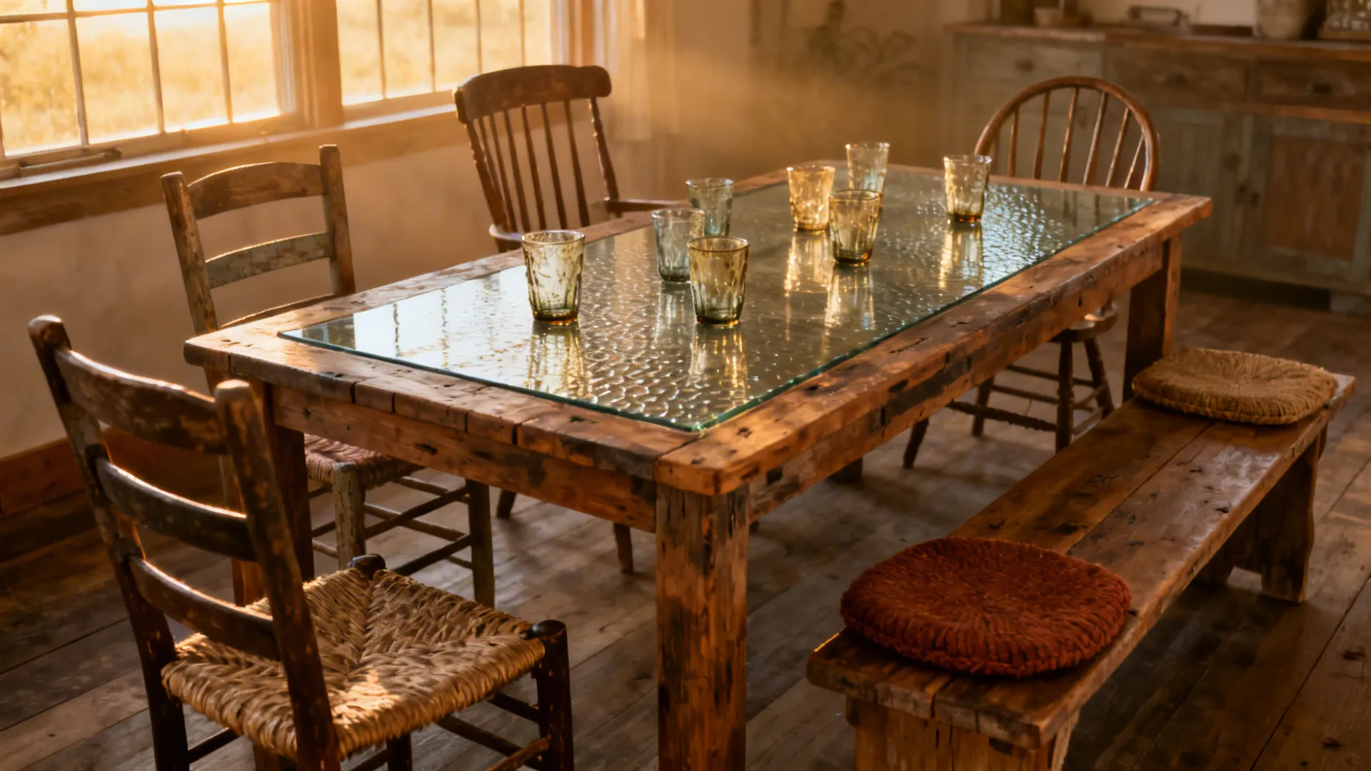 Farmhouse table surrounded by mismatched wooden chairs and vintage recycled glass tumblers.