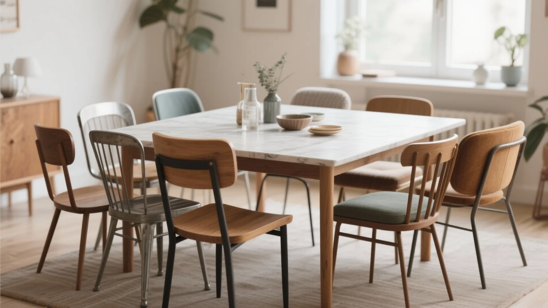 Eclectic dining area with mismatched wooden and metal chairs around a white marble top table