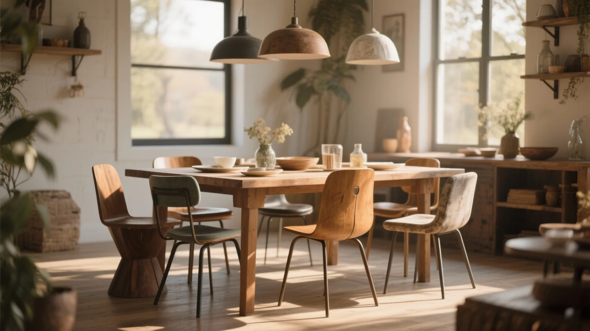 Rustic dining room with wooden table, different chairs, hanging ceiling lights, and sunny windows in background