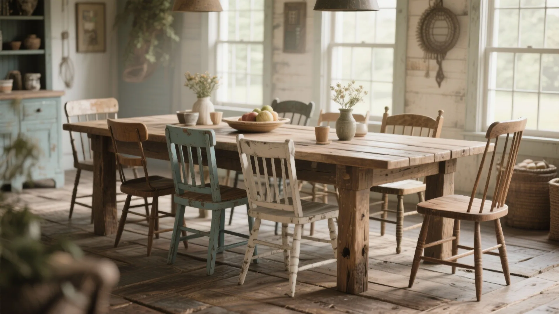 Farmhouse table with mismatched chairs in a cozy dining room