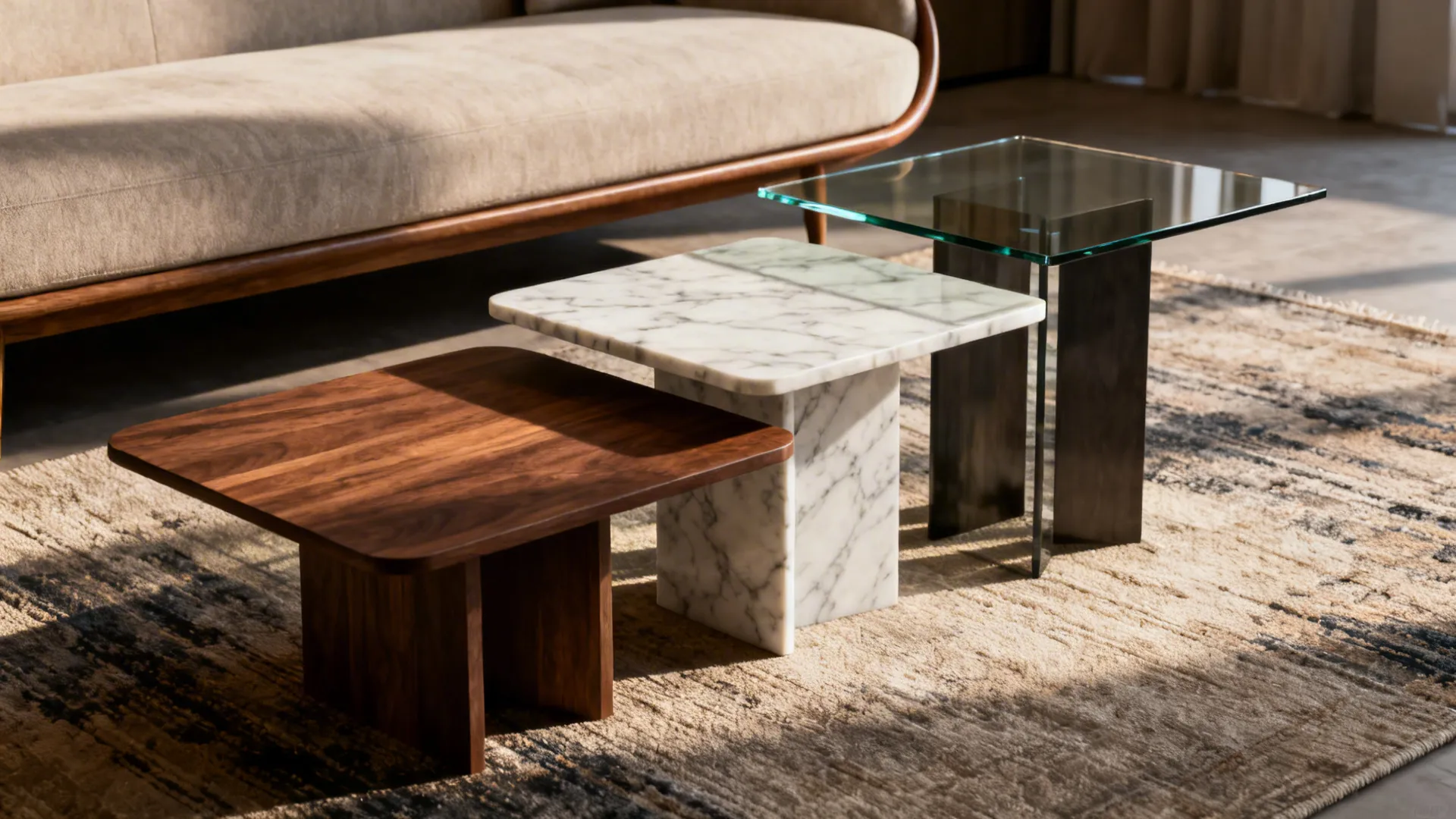 Three tables of different heights and materials creating layered visual rhythm in a living room