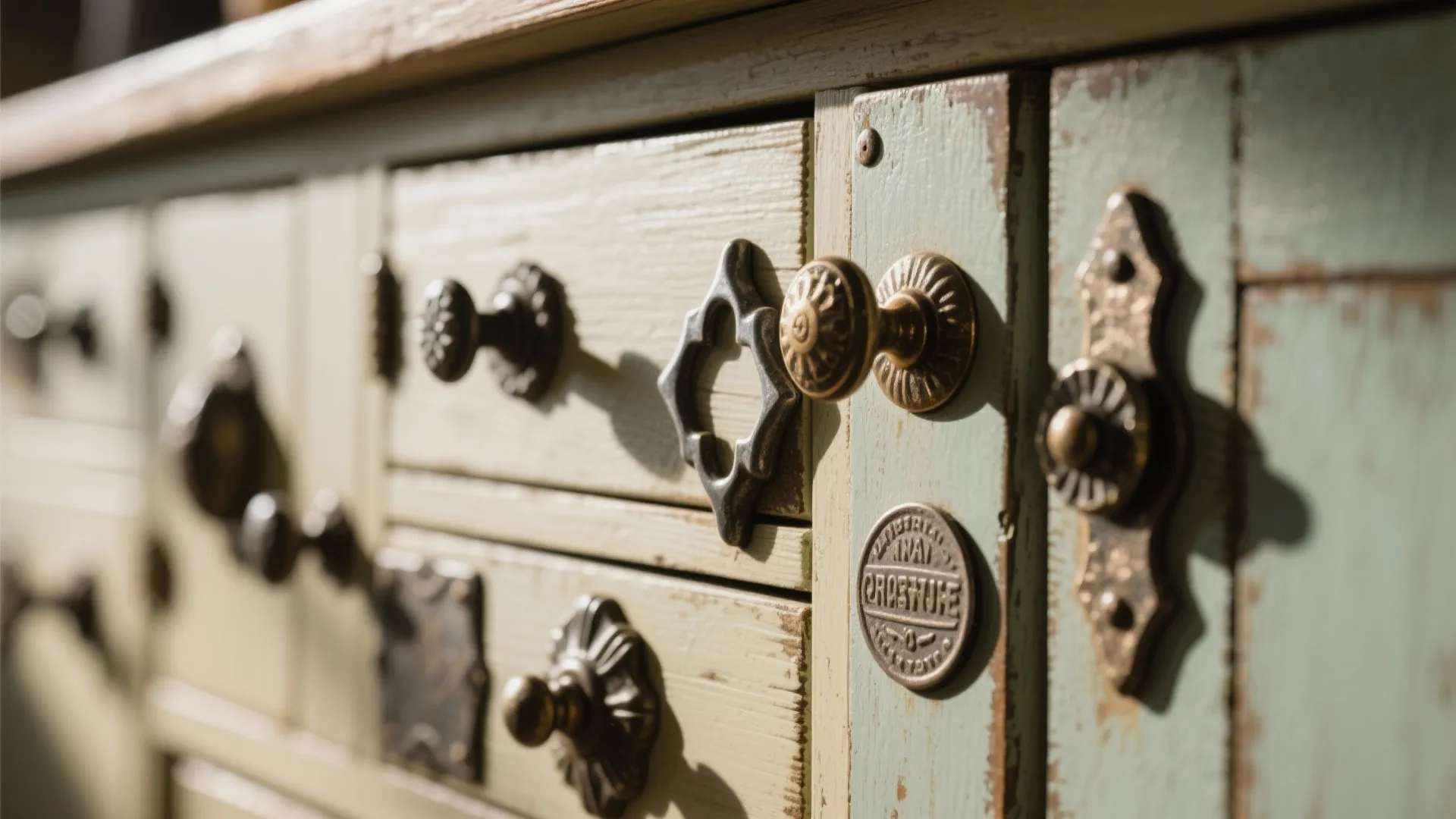 Close-up of mismatched vintage knobs on rustic cabinet doors
